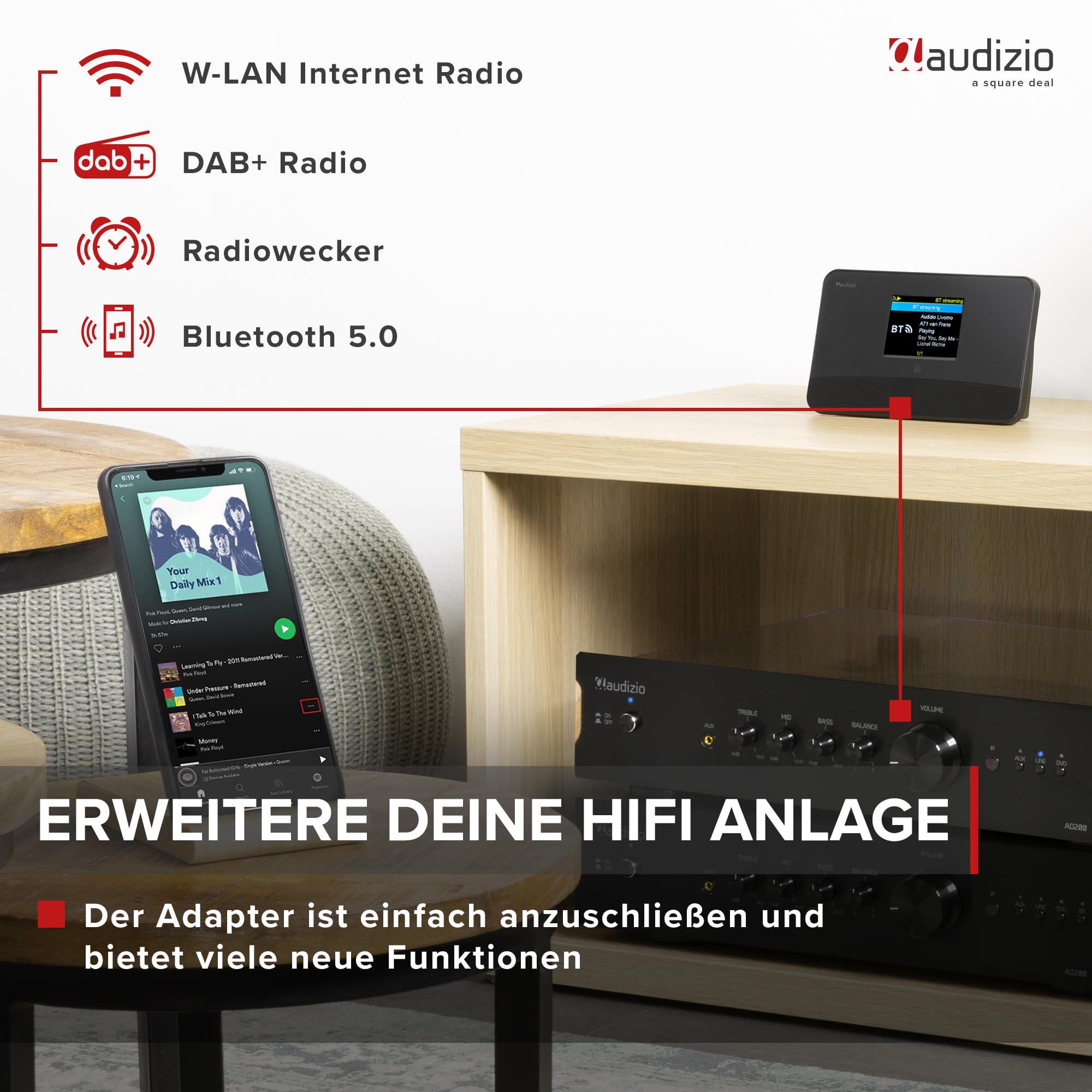 Audizio Livorno - DAB Plus Radio, Internetradio WLAN Tuner mit Bluetooth 5.0 – DAB Adapter für Stereoanlage, Digitalradio mit Spotify Connect, 32.000 Sender, Fernbedienung - Schwarz
