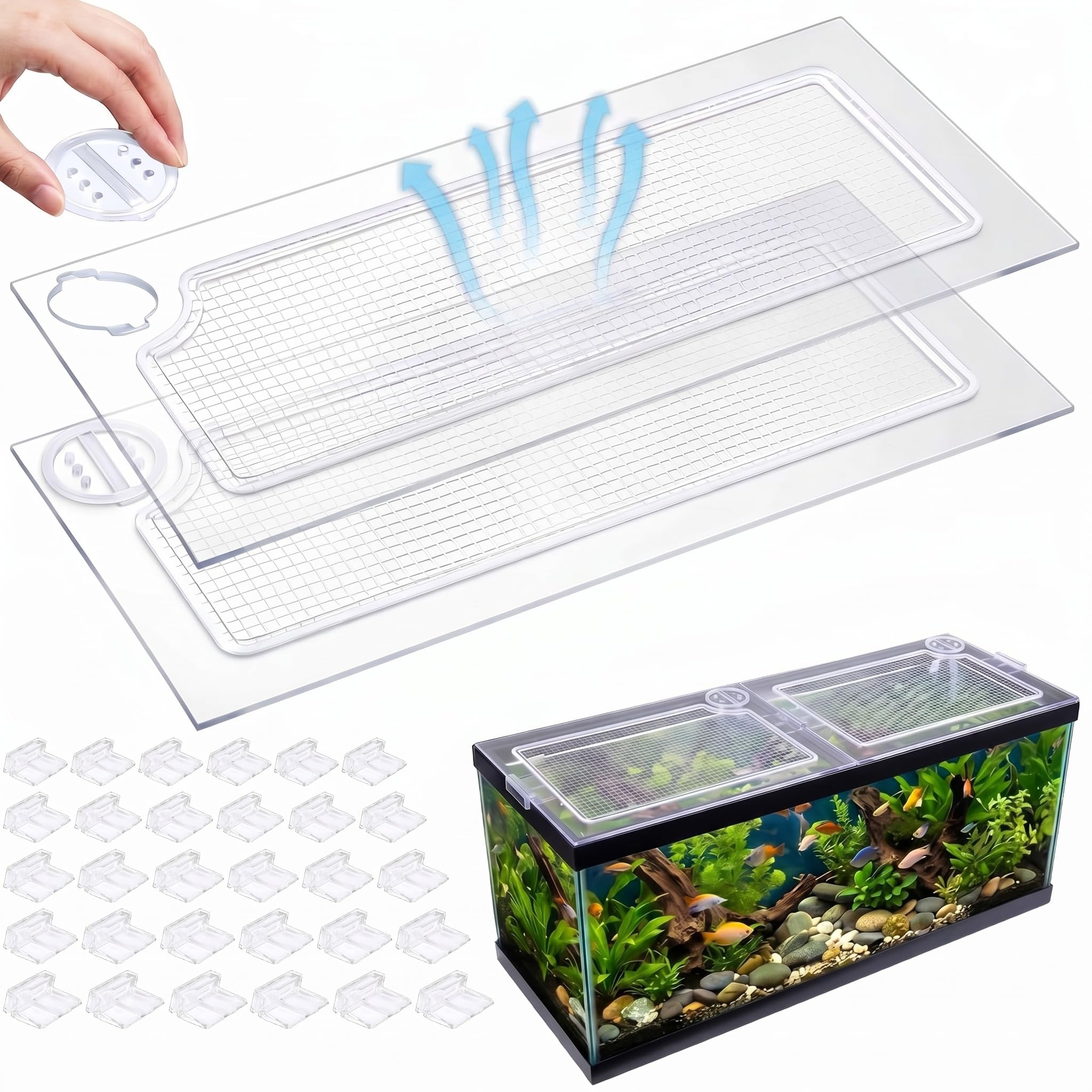 Sieral Lot de 2 auvents transparents pour aquarium et réseau intégré avec 30 clips supérieurs en polycarbonate 57 x 28 x 0,5 cm pour couvercles d'aquarium de 200/290/380 gallons avec support central