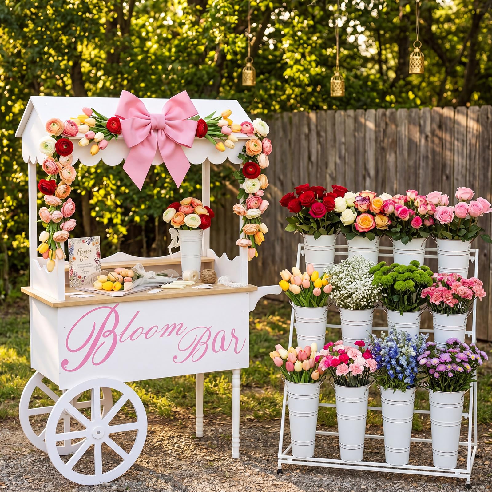 142 piezas de suministros de barra de flores con 12 cubos blancos, 100 bolsas de envoltura de flores, tijeras para letreros de flores, suministros de barra para boda, novia, graduación