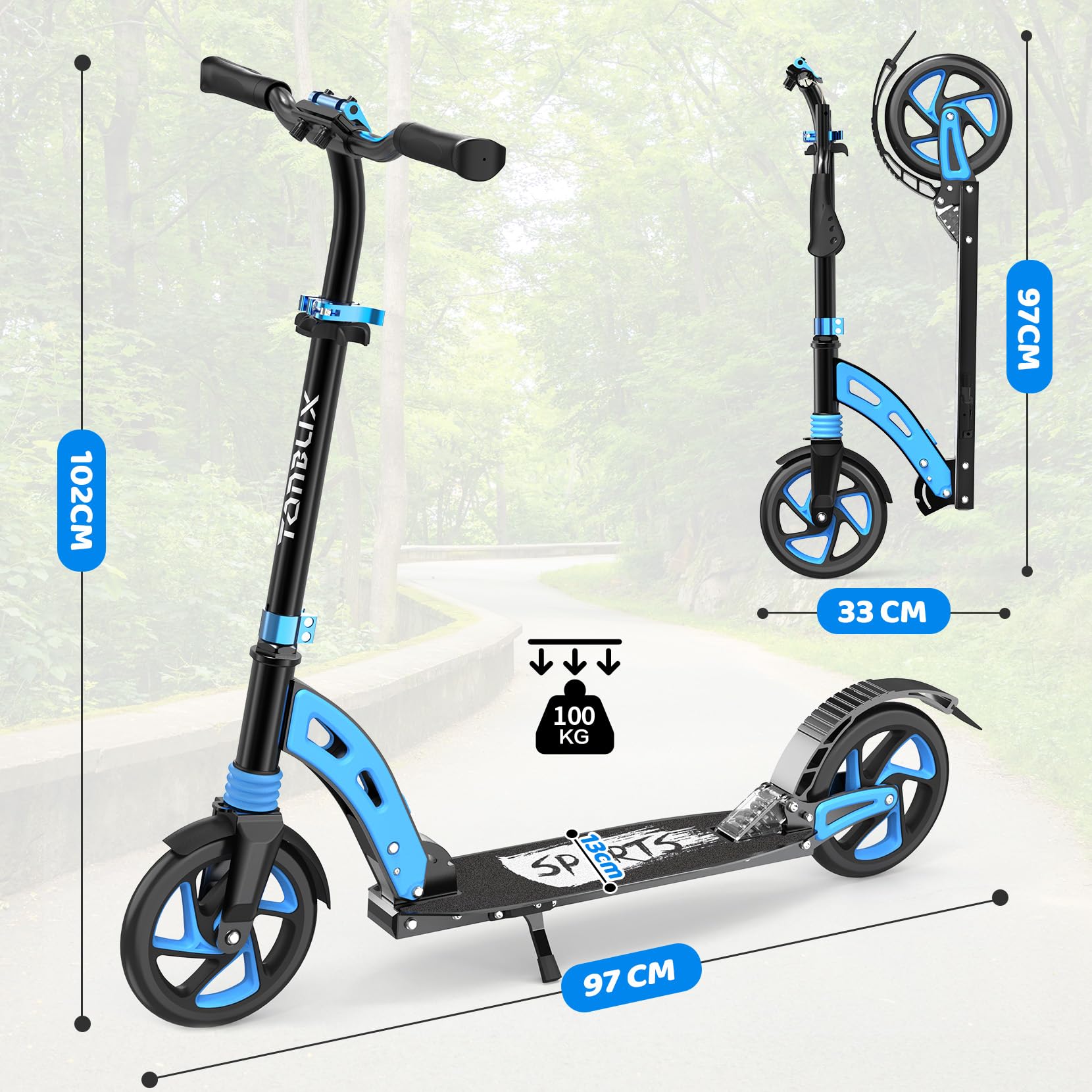 TONBUX Roller Kinder 6 7 8 9+Jahre,Aluminium Scooter Erwachsene,Cityroller Doppeltes Federungssystem, Höhenverstellbar&Klappbar Tretroller,Kickscooter bis 100kg Belastbar