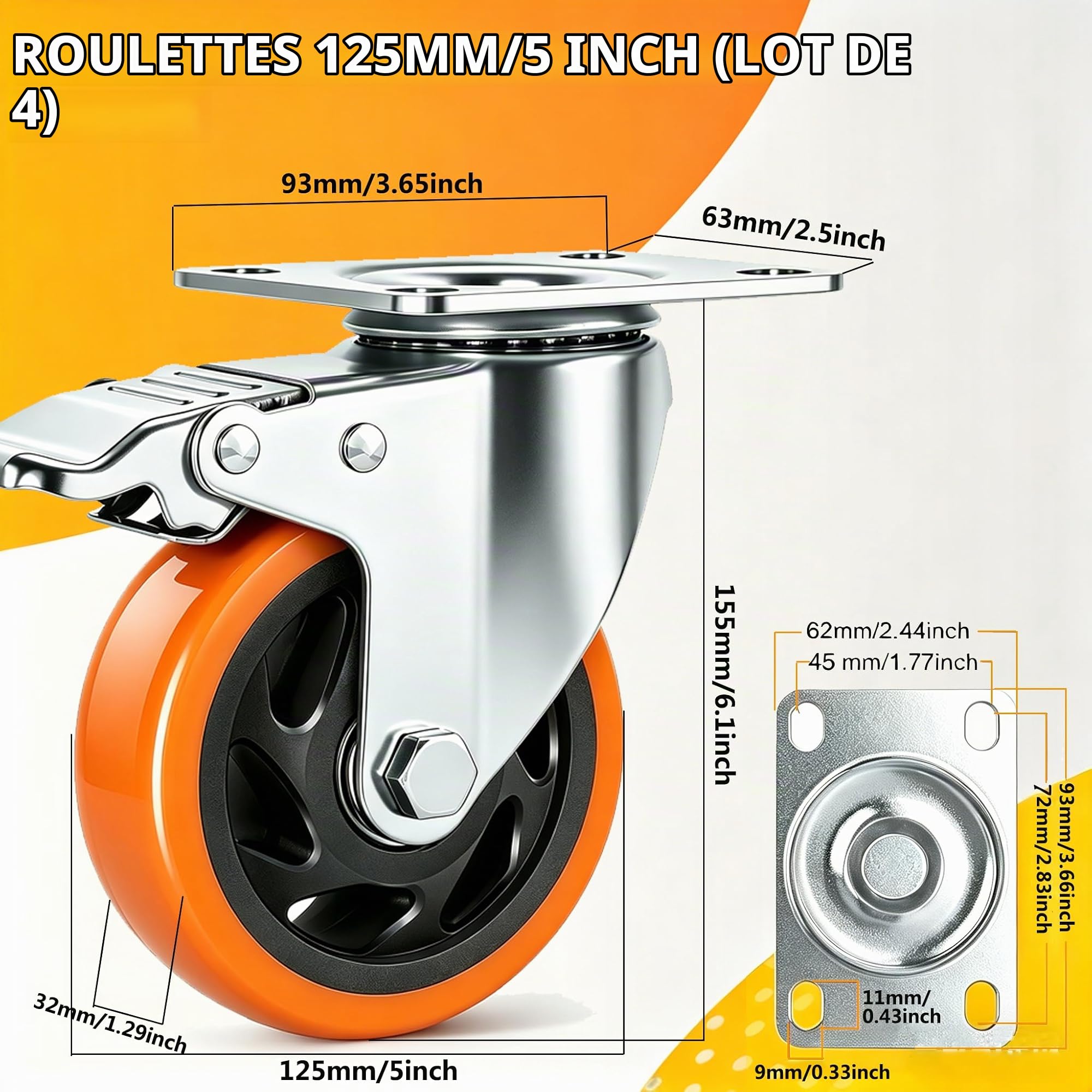 Roulette Pivotante avec Frein 125 mm, 4 Roulettes pour Meubles Roulettes Charge Lourde Roue Plaques Industrielles Transport, Max 800KG (32 Vis Incluses)
