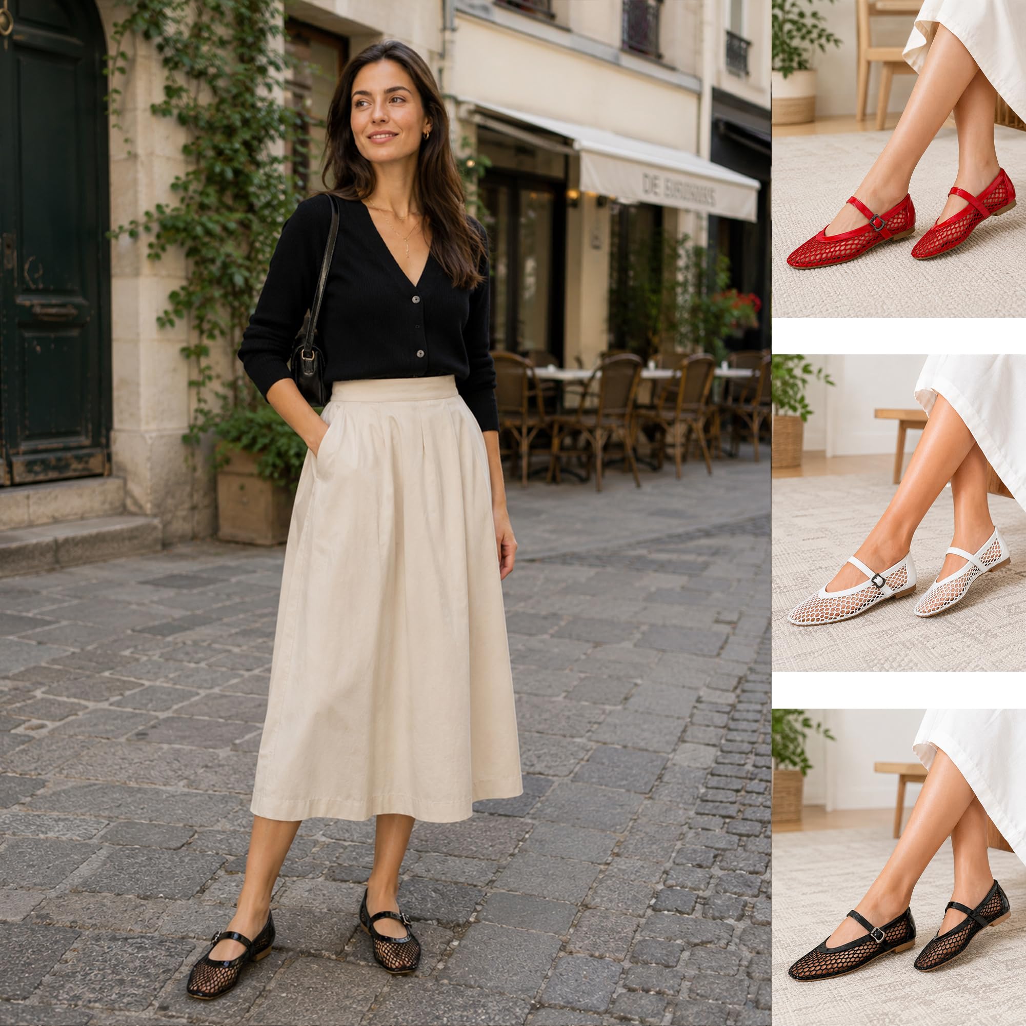 Ballerine Donna Estive Mary Jane in Rete Scarpe Basse Eleganti con Cinturino e Fibbia Punta Chiusa Ballerine Traforate Traspiranti per Ufficio Cerimonia e Casual
