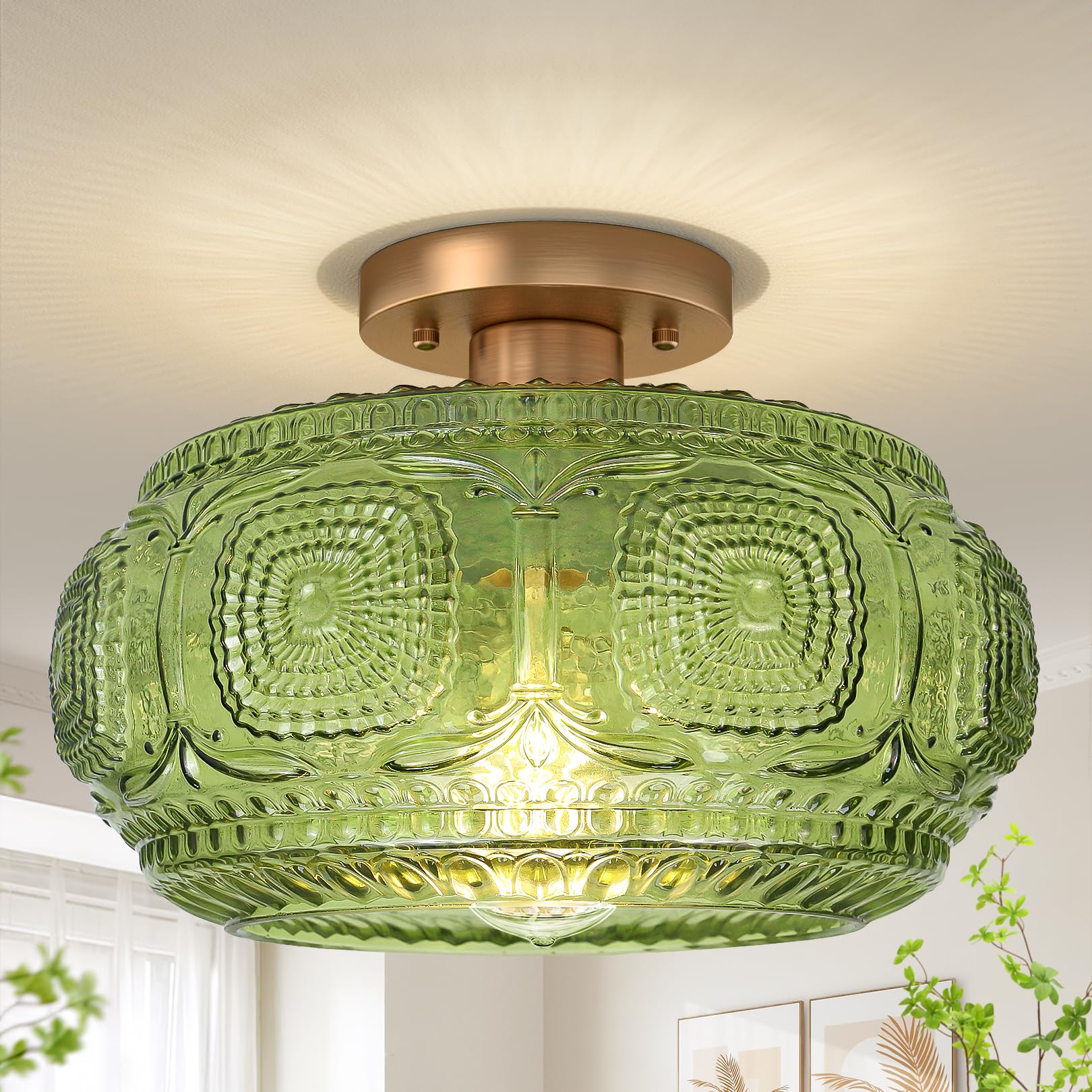 12" Art Deco Glass Semi Flush Mount Ceiling Light Fixture, Green