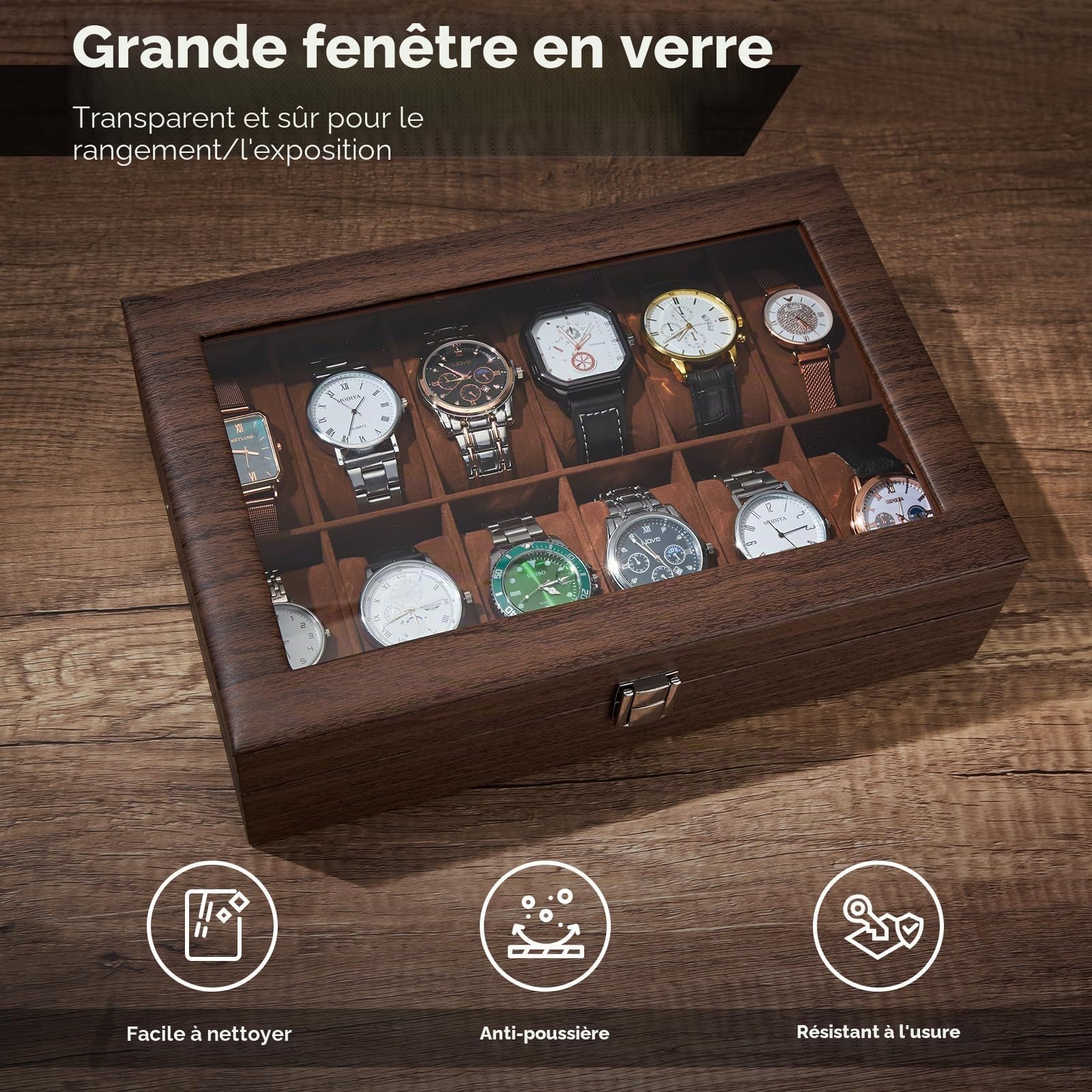 Ohuhu Boîte à Montres à 12 Emplacements, Coffret à Montres avec Couvercle en Verre et Coussins Amovibles en Velours, Boite a Montre Homme, Cadeau pour Anniversaire Fête des Pères Noël