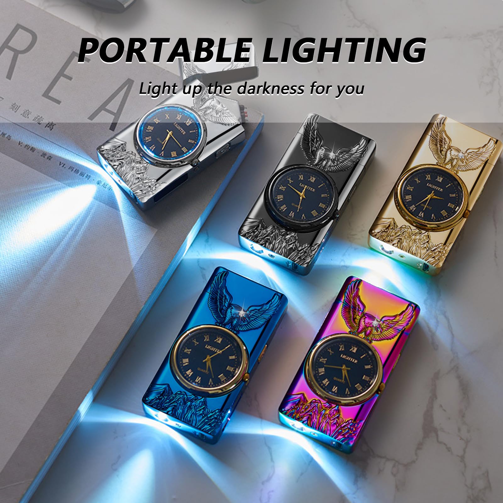BABOBIU Briquet électrique rechargeable par USB - Coupe-vent - Sans flamme - Portable - Avec lampe de poche portable - Cadeau pour homme, petit ami, mari (argenté)