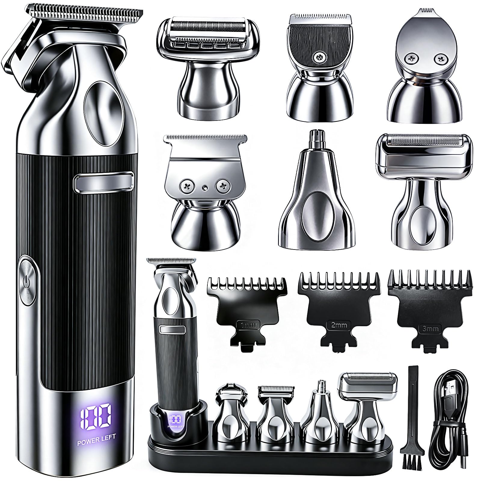 6-in-1 Beard Trimmer for Men, LED Display Washable Blades Rechargeable