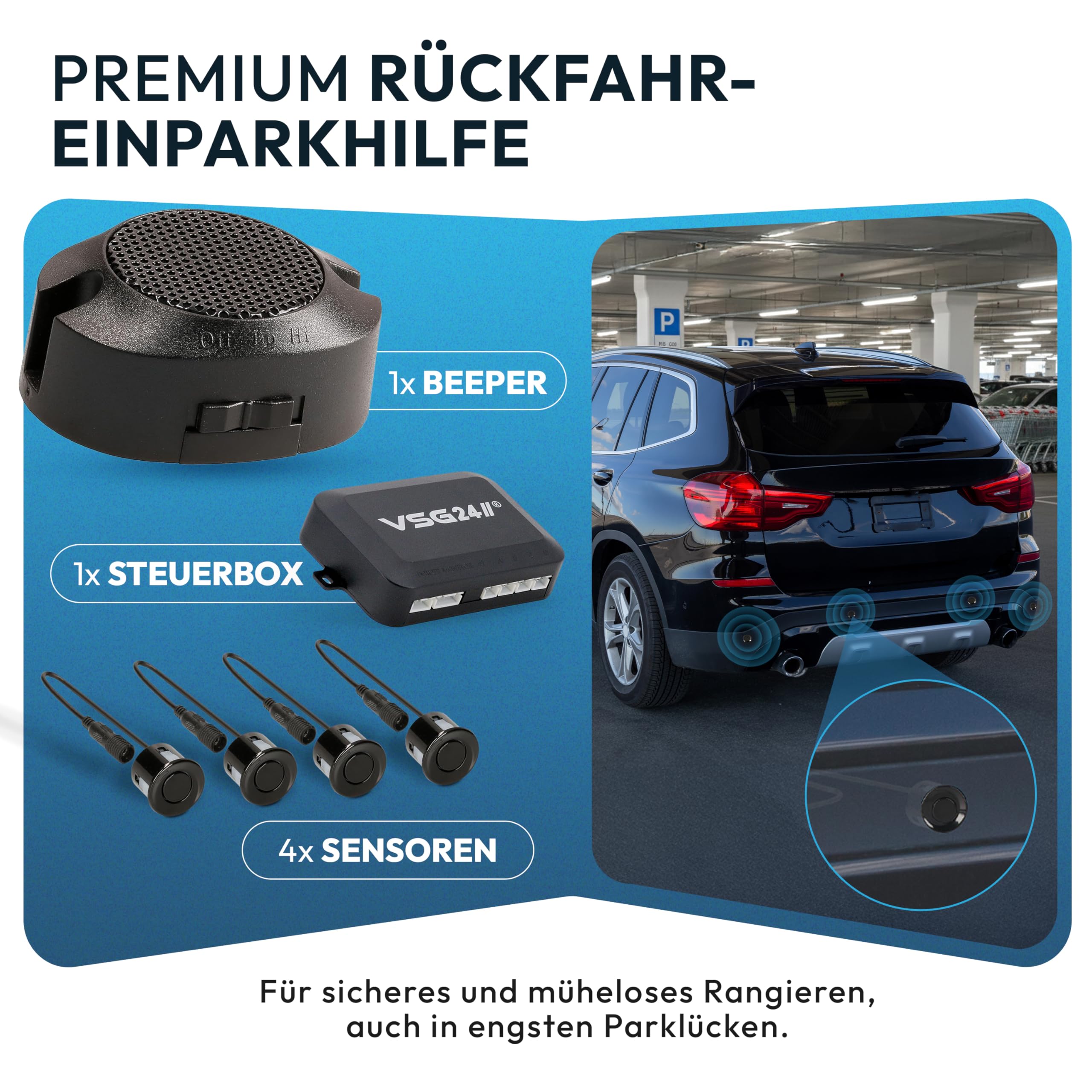 VSG24 Einparkhilfe Set hinten mit 4 Sensoren – robuste PDC Parkhilfe für Auto, SUV & Transporter – akustischer Rückfahrwarner, 30–150 cm Reichweite – 12V Nachrüstsystem