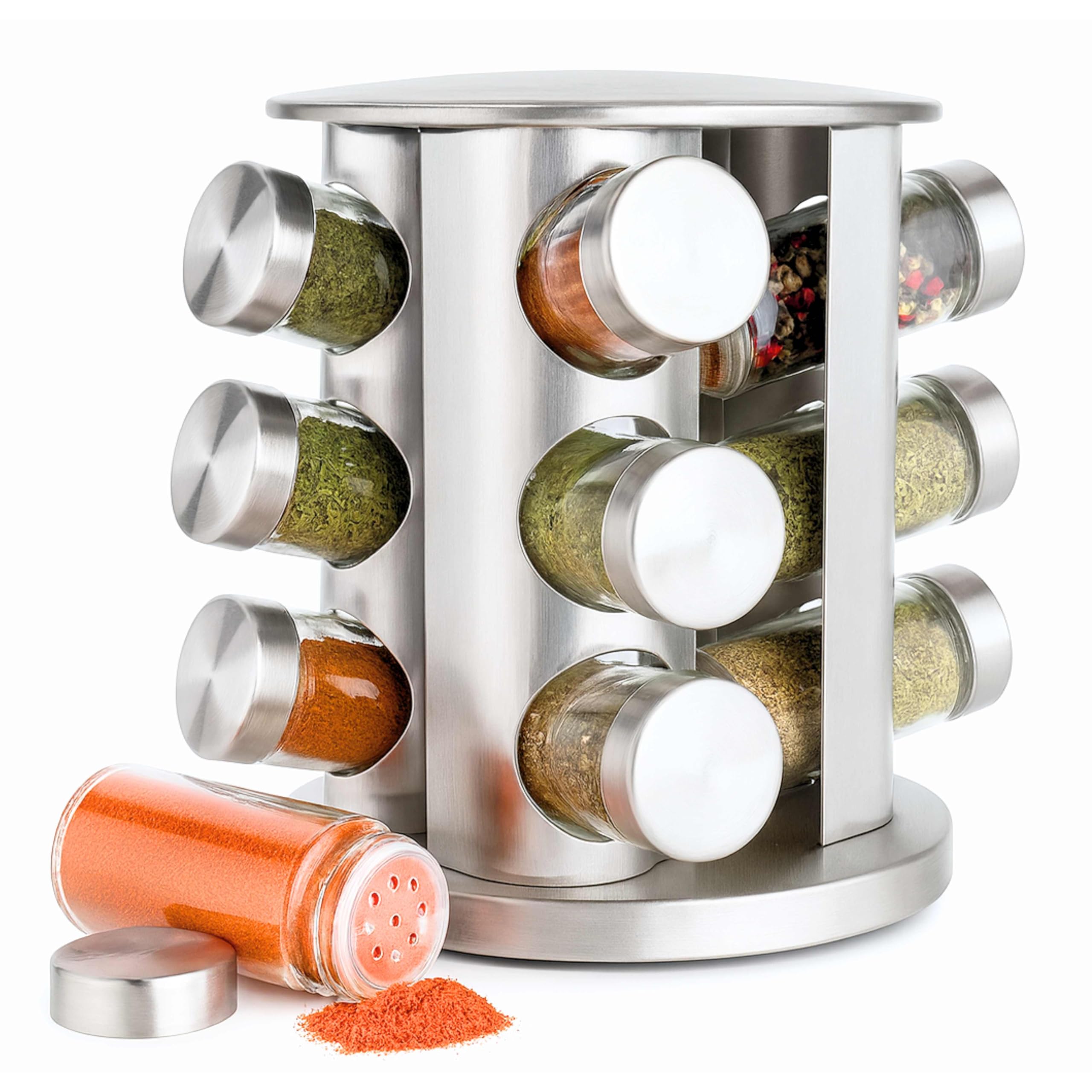 DIVCHI Rotating Spice Rack with 12 Spice Jars Stainless Steel Seasoning Storage Organization Kitchen Countertop Storage for Herbs & Spices