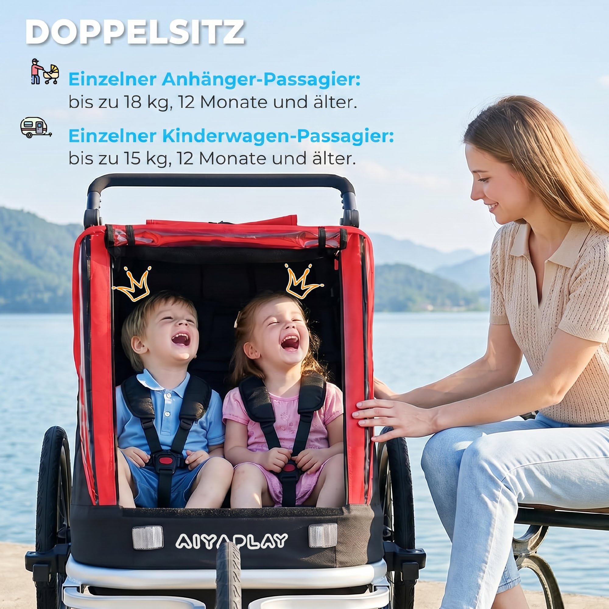 AIYAPLAY Rimorchio per bicicletta e passeggino 2 in 1, 2 posti, pieghevole, con cintura a 5 punti, bandiera di sicurezza, per bambini a partire dai 12 mesi, massimo 18 kg