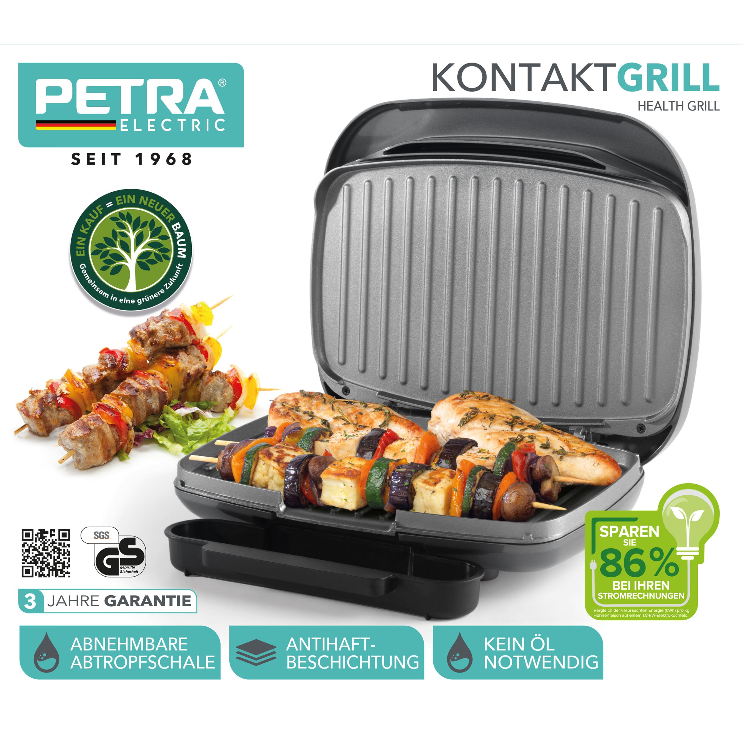 Petra PT4366MBLKVDE Gril de santé- Smartstone Plaque antiadhésive, commande de température automatique, pas d'huile nécessaire, bac de récupération amovible, compacte cuisson saine polyvalente