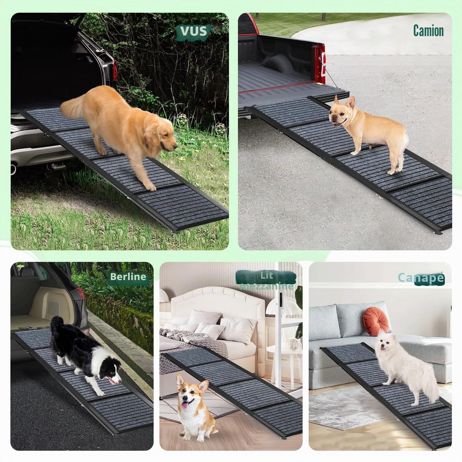 Rampe pour chien de 180 cm de long et 50 cm de large, pliable, avec tapis antidérapant, pliable pour l'extérieur, escalier, voiture, pour chiens de taille moyenne et grande dans un SUV et un camion