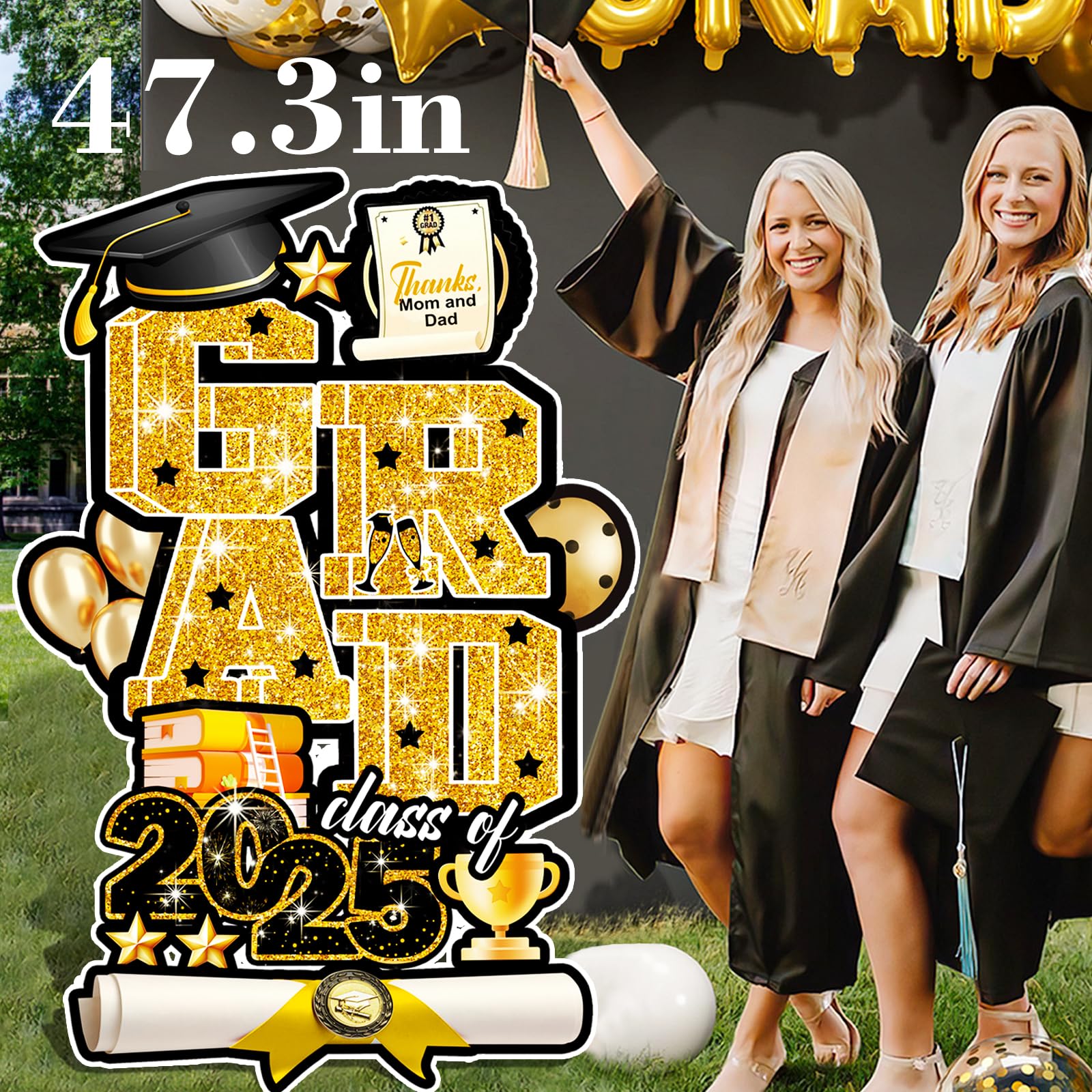 47.3 Inch Extra Large Graduation Yard Sign, Black&Gold Graduation Decorations Class of 2025, Grad Lawn Decor with Stakes - High School, College Grad