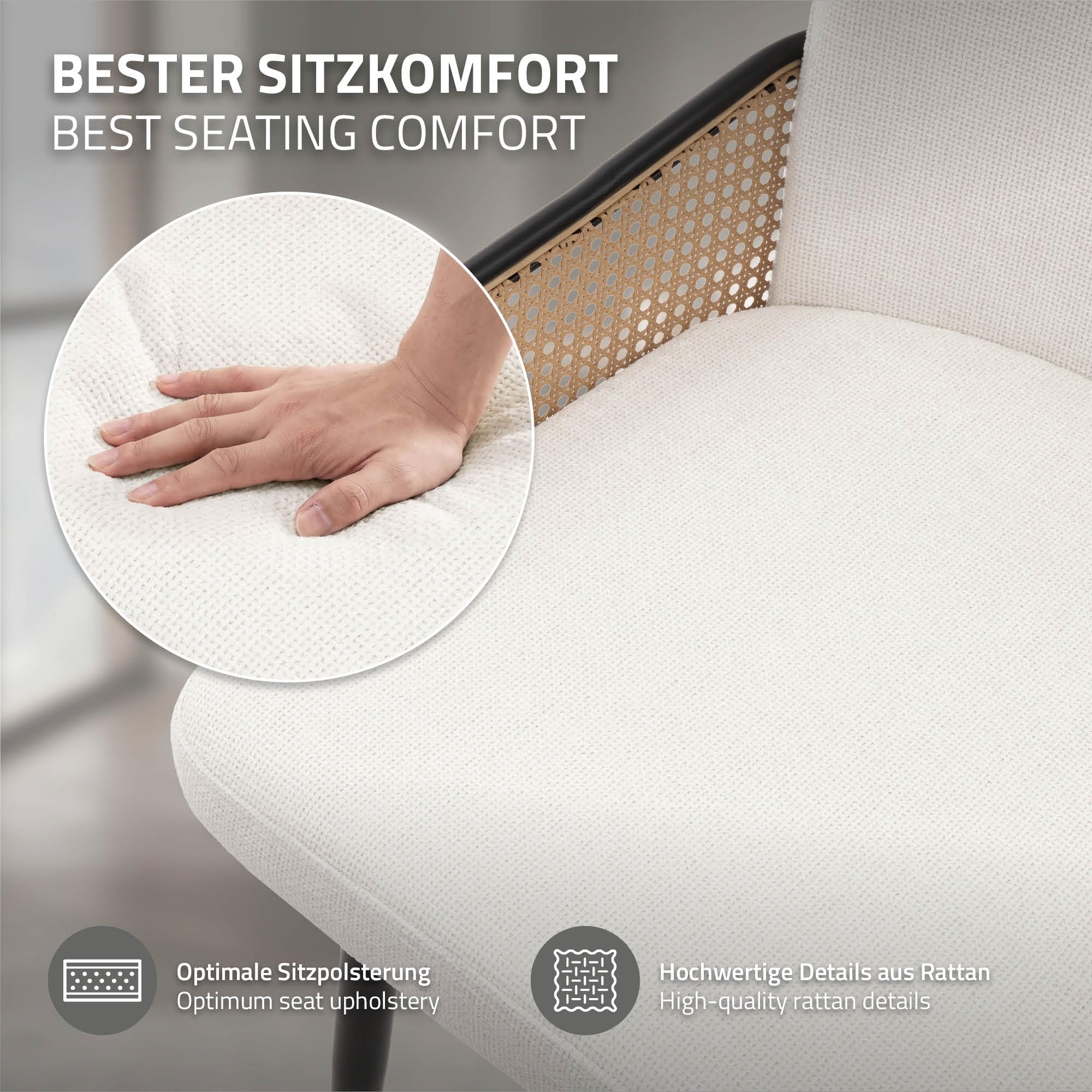 ML-Design Juego de 2X Sillas de Comedor con Funda de Tela Beige, Asiento de Salón con Respaldo, Reposabrazos con Aspecto de Ratán Mueble Tapizado con Patas de Metal, Sillón Ergonómico de Cocina