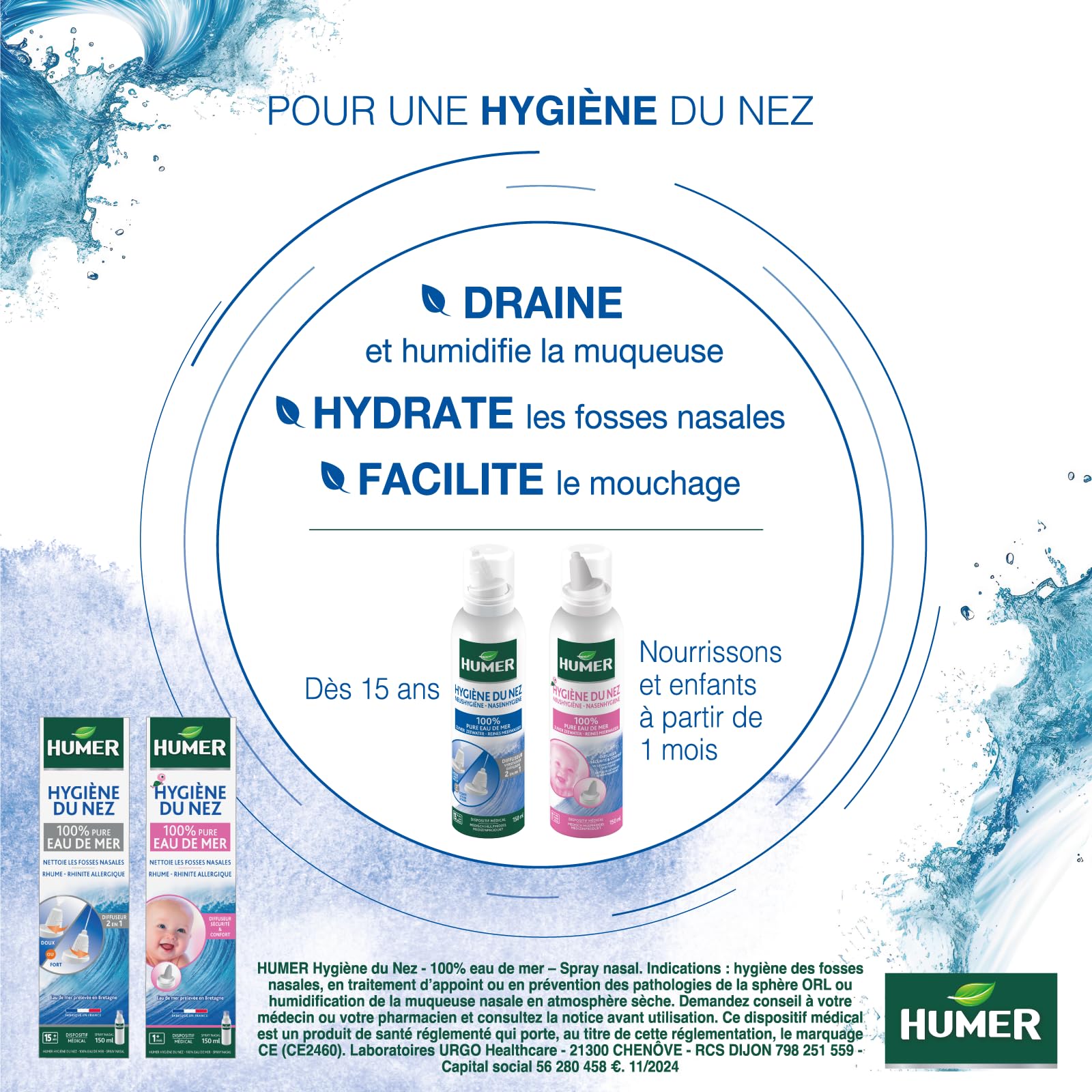Humer - Spray nasal Hygiène du nez Adulte - 100% eau de mer - Excellente tolérance - 150ml