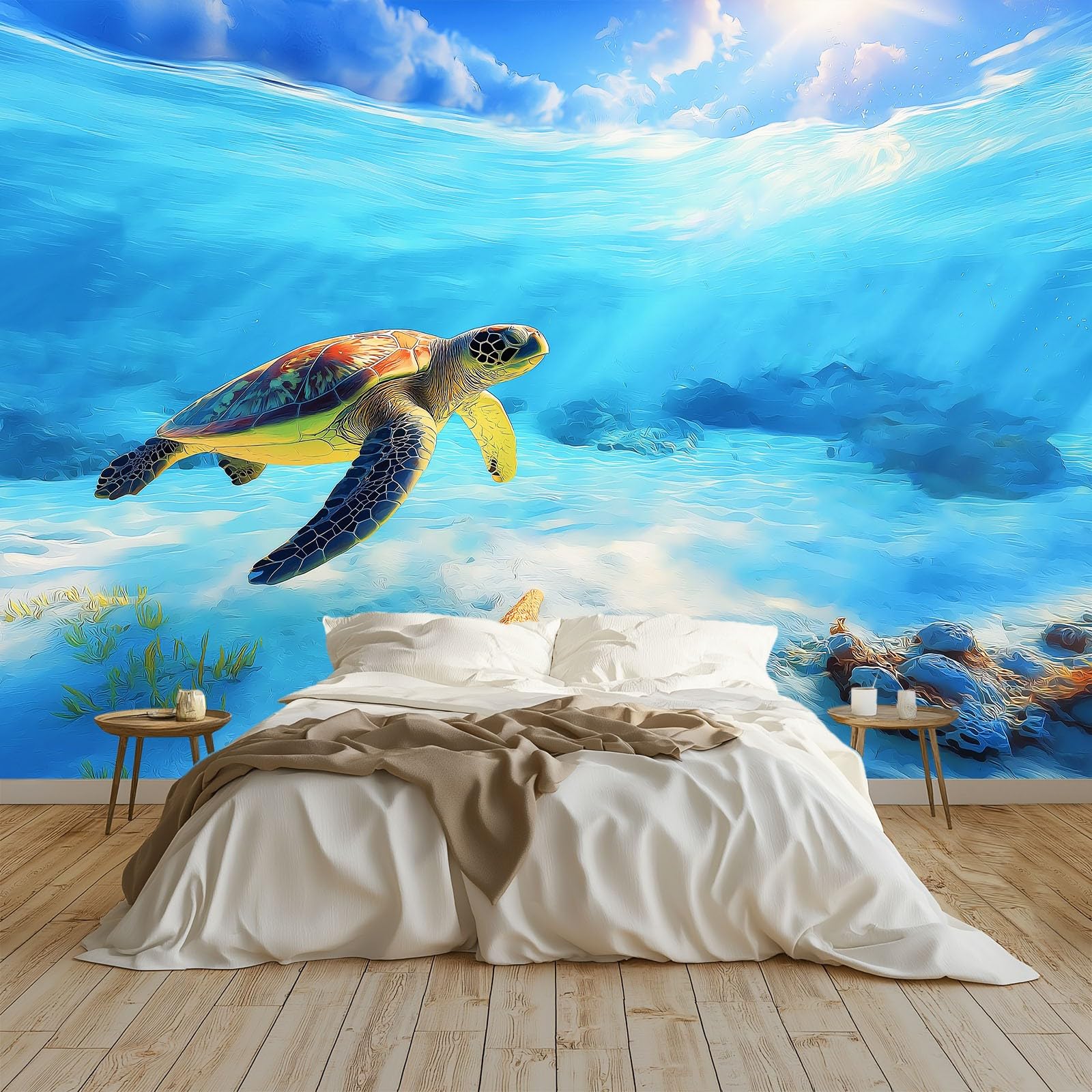 Podwodny świat żółw rozgwiazda tapeta sypialnia dzieci chłopcy tapeta 3D mural, niebieski pokój dla dzieci nastolatków plakat zdjęcie fototapeta pokój tematyczny pokój zabaw 400 x 280 cm
