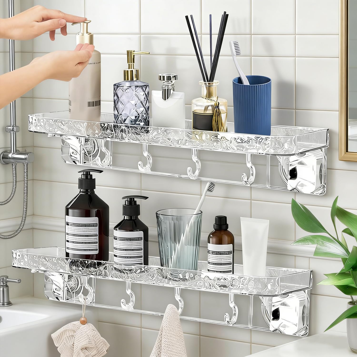 Aimery Estantería de ducha esquinera para baño, paquete de 2 unidades con ventosa con 4 ganchos, para almacenamiento de baño, decoración del hogar y cocina, sin taladrar, estantes de ducha extraíbles
