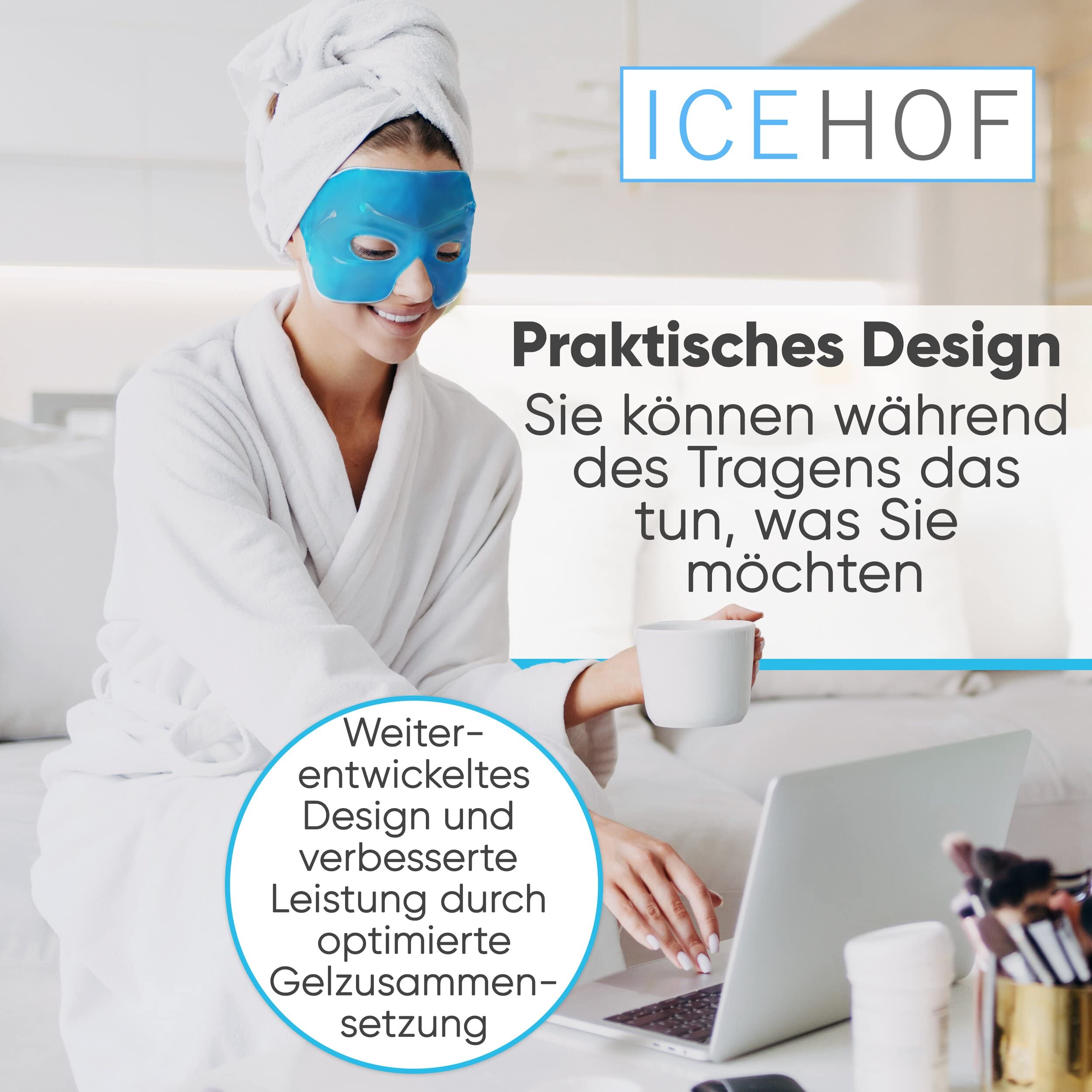 ICEHOF Augenmaske kühlend - Angenehmes Obermaterial, mit Aufbewahrungsbeutel - Kühlbrille mit hochwertigem Gel - Effektiv Stirn bis Wange - Migräne Augen-Kühlmaske Gesicht Migränebrille