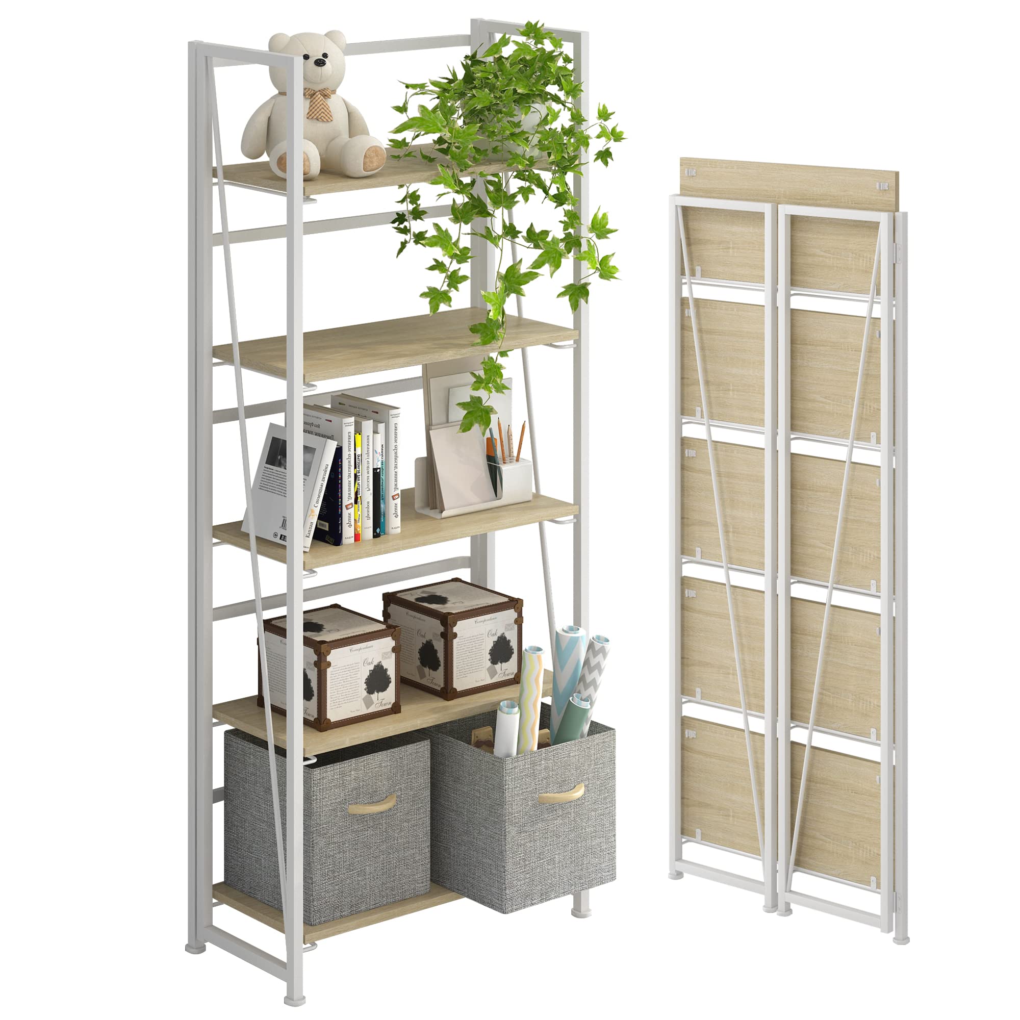 4NM No-Assembly Folding Bookshelf Storage Shelves 5 Tiers Vintage Bookcase Standing Racks Study Organizer Home Office (Natural and White)