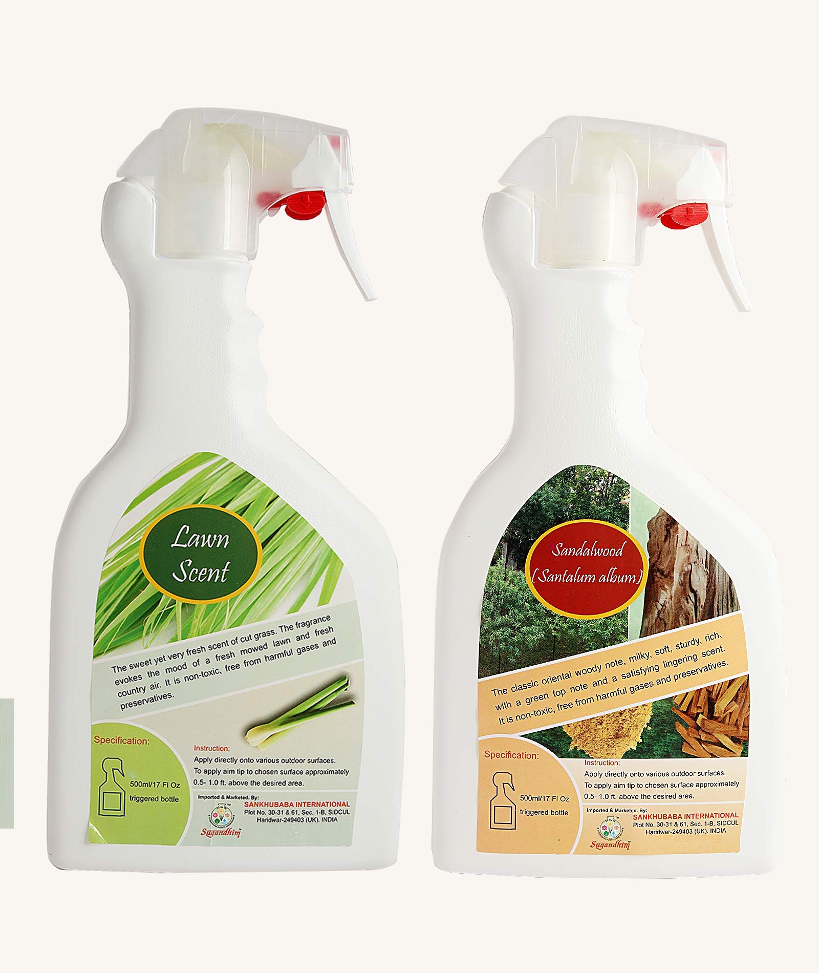 SugandhimLawn Scent & Sandalwood(Chandan) Room Spray Combo, Santalum album, 2 x 500ml, Alcoholic Sanitiser Spray, Fabric & Furniture, Disinfectant, Surface Cleaner, Multipurpose, Made In India