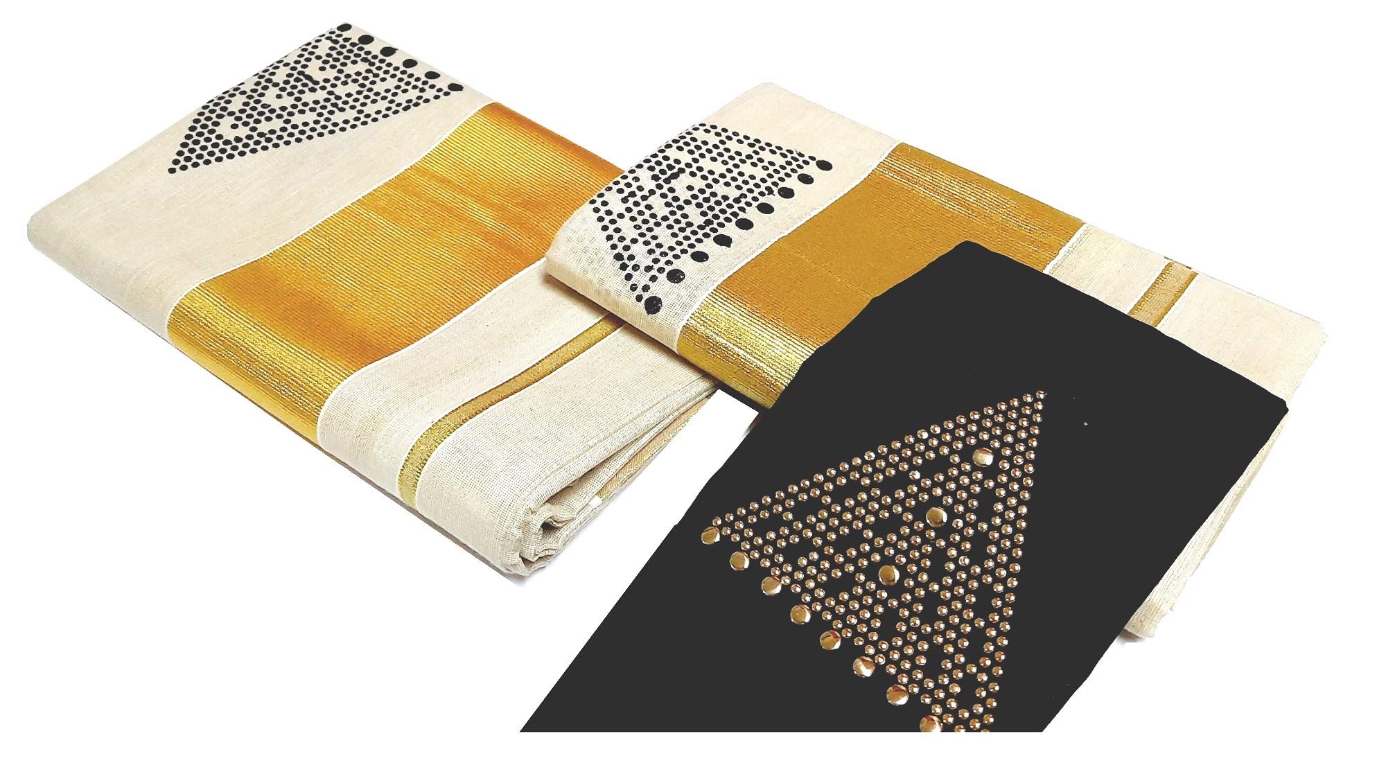 SouthLife Cotton Kerala Golden Tissue Set Mundu with Matching Stud design Blouse piece