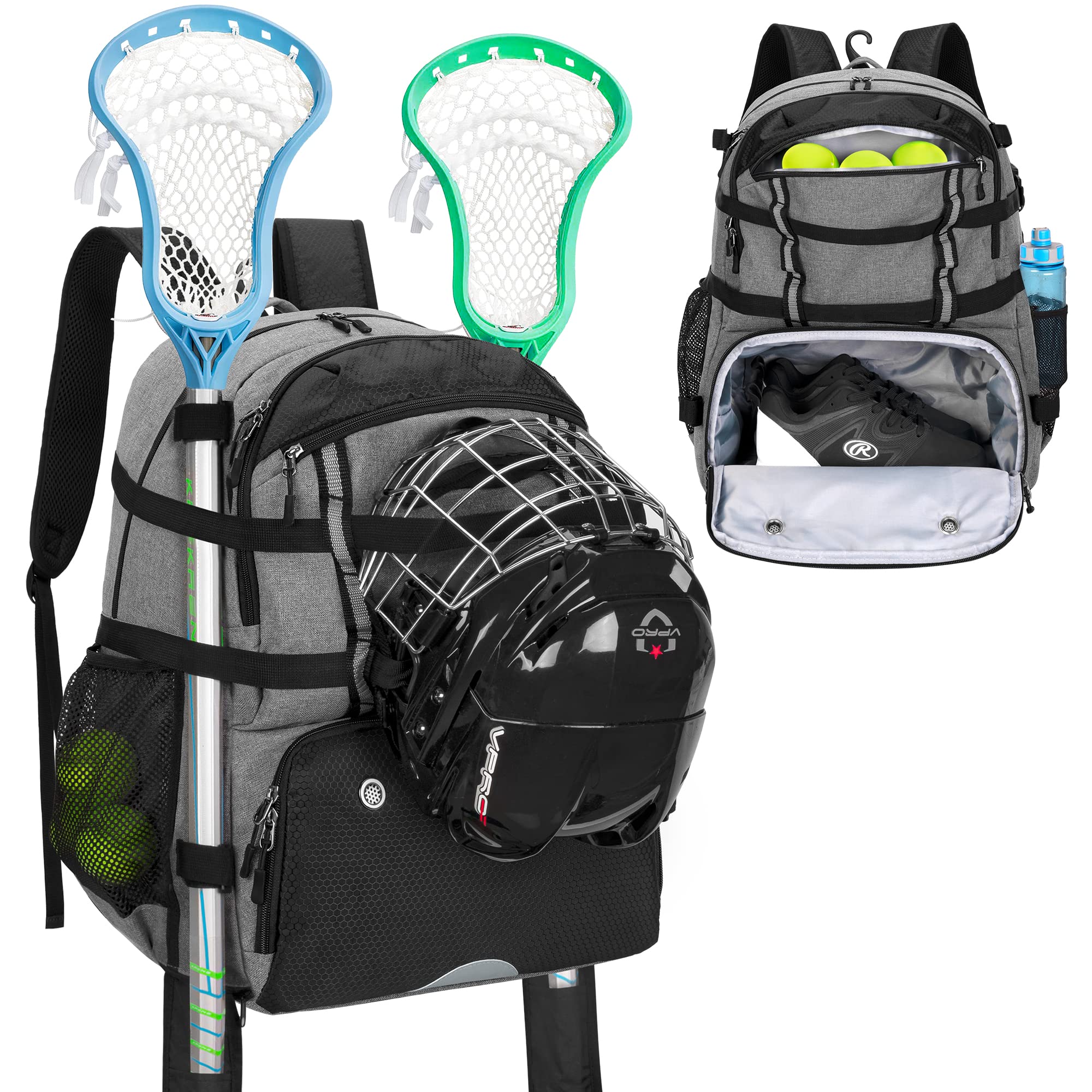 DSLEAF Lacrosse Bag with Stick Holder, Lacrosse Backpack with External Buckle Straps to Fix Helmet, Separate Shoe Space and Other Pockets to Hold Shoes US Mens 13 and Other Lacrosse Equipment (Patent Design)