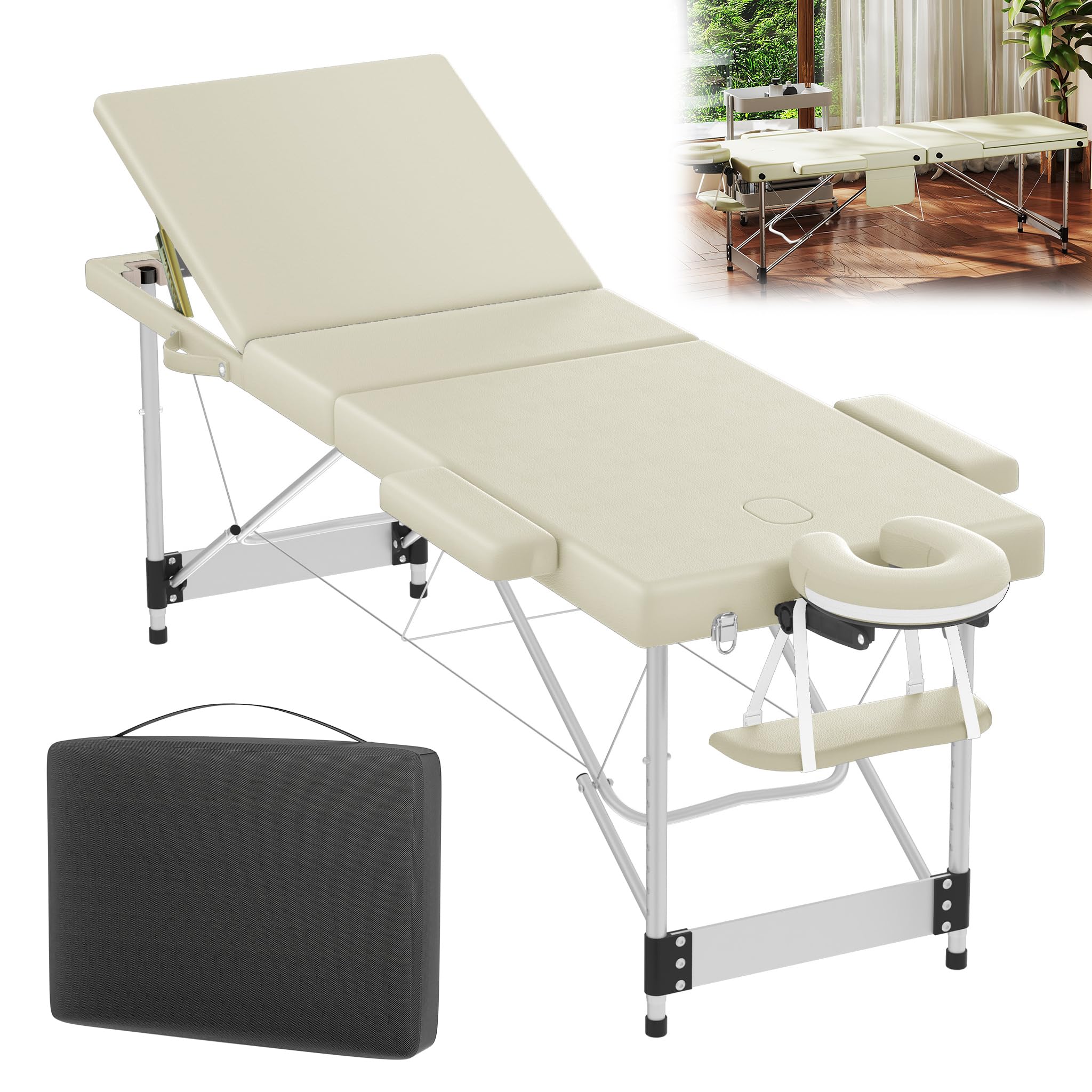 YRHome Beżowy mobilny stół do masażu, składany, 3 strefy, aluminiowy stół do masażu, z regulacją wysokości (8 stopni), przenośne łóżko do masażu z zagłówkiem, podłokietnikami i torbą na kosmetyki