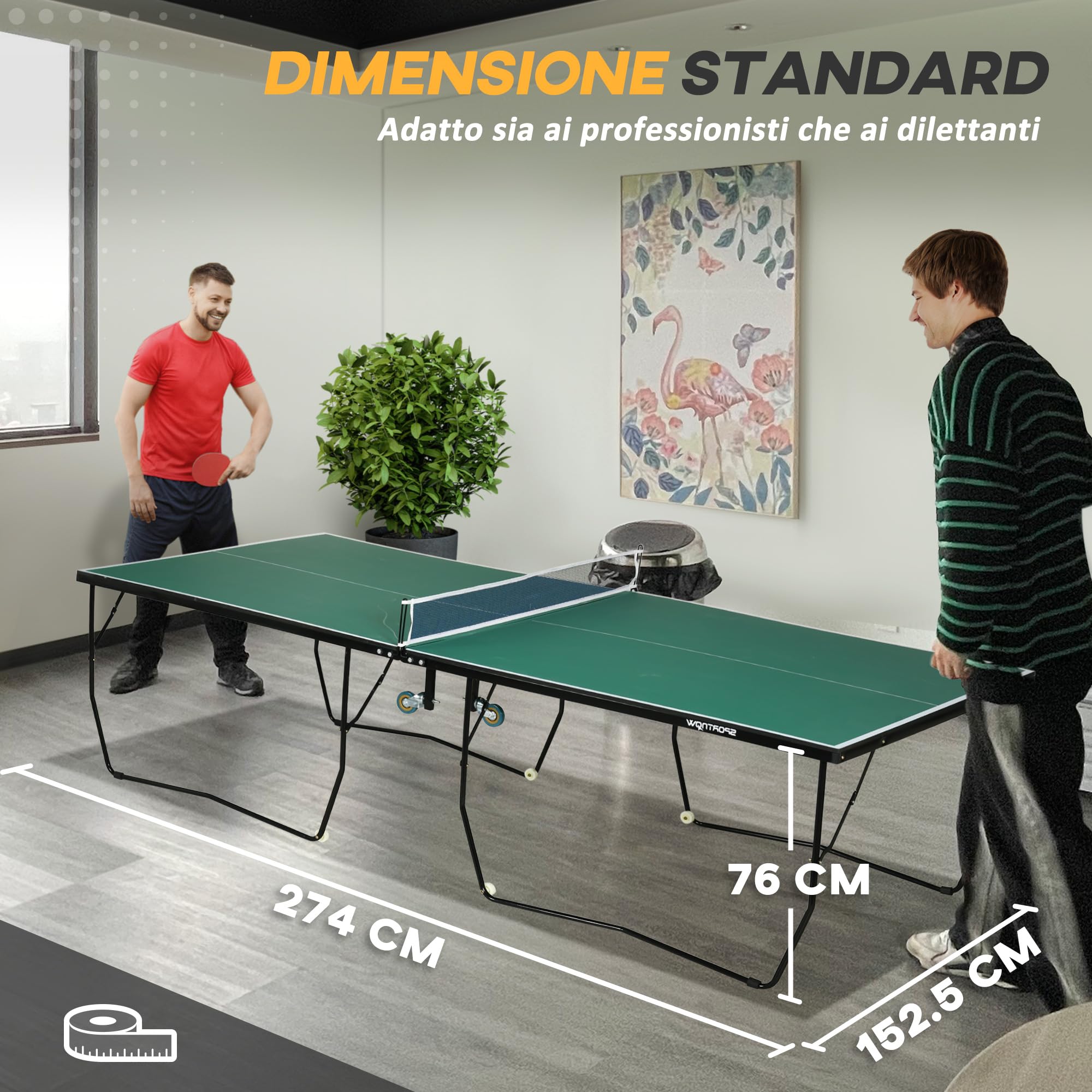 SPORTNOW Tavolo Ping Pong Pieghevole con 8 Ruote, Tavolo da Ping Pong Richiudibile con 2 Racchette, 3 Palline e Rete, 274x152.5x76 cm, Verde Scuro