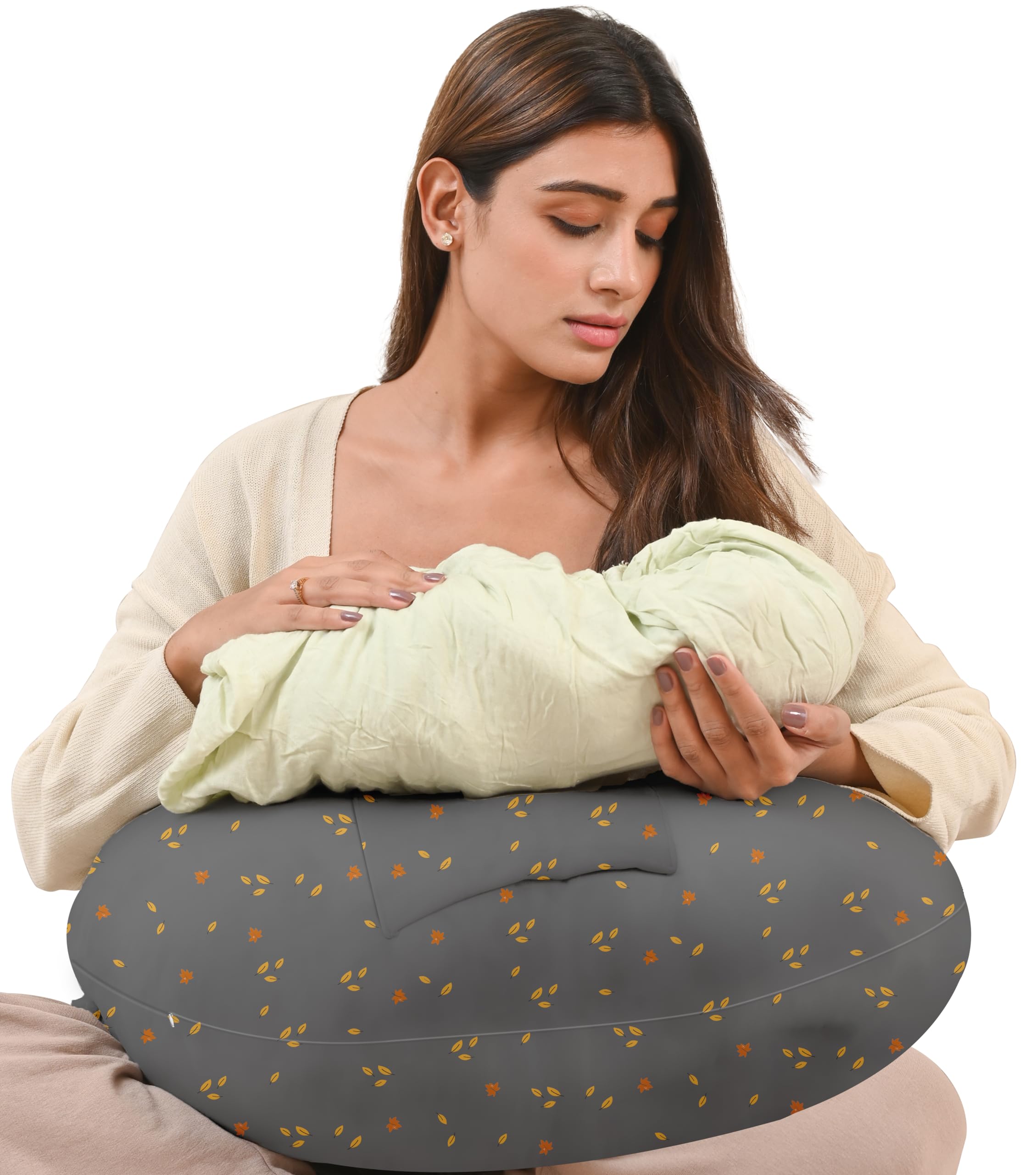 Cherilo Feeding Pillow for New Born Baby, Nursing Pillow for Breastfeeding, Baby Support with Adjustable Belt & Milk Bottle Holder Pocket | Premium Cotton Cover | Grey Leaf
