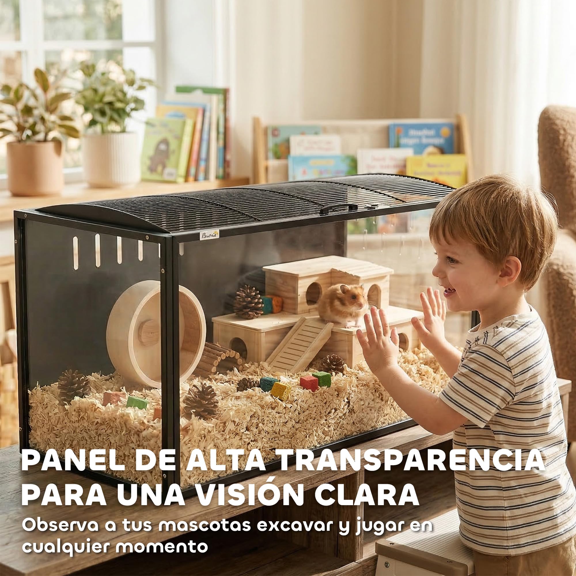 PawHut Jaula para Hámster Grande, 105x51x53 cm, Casa para Roedores Pequeños con Tapa Ventilada Abatible, Marco Metálico, Paneles Transparentes de Acrílico, Resistente a Mordiscos, Ratas, Jerbos, Negro