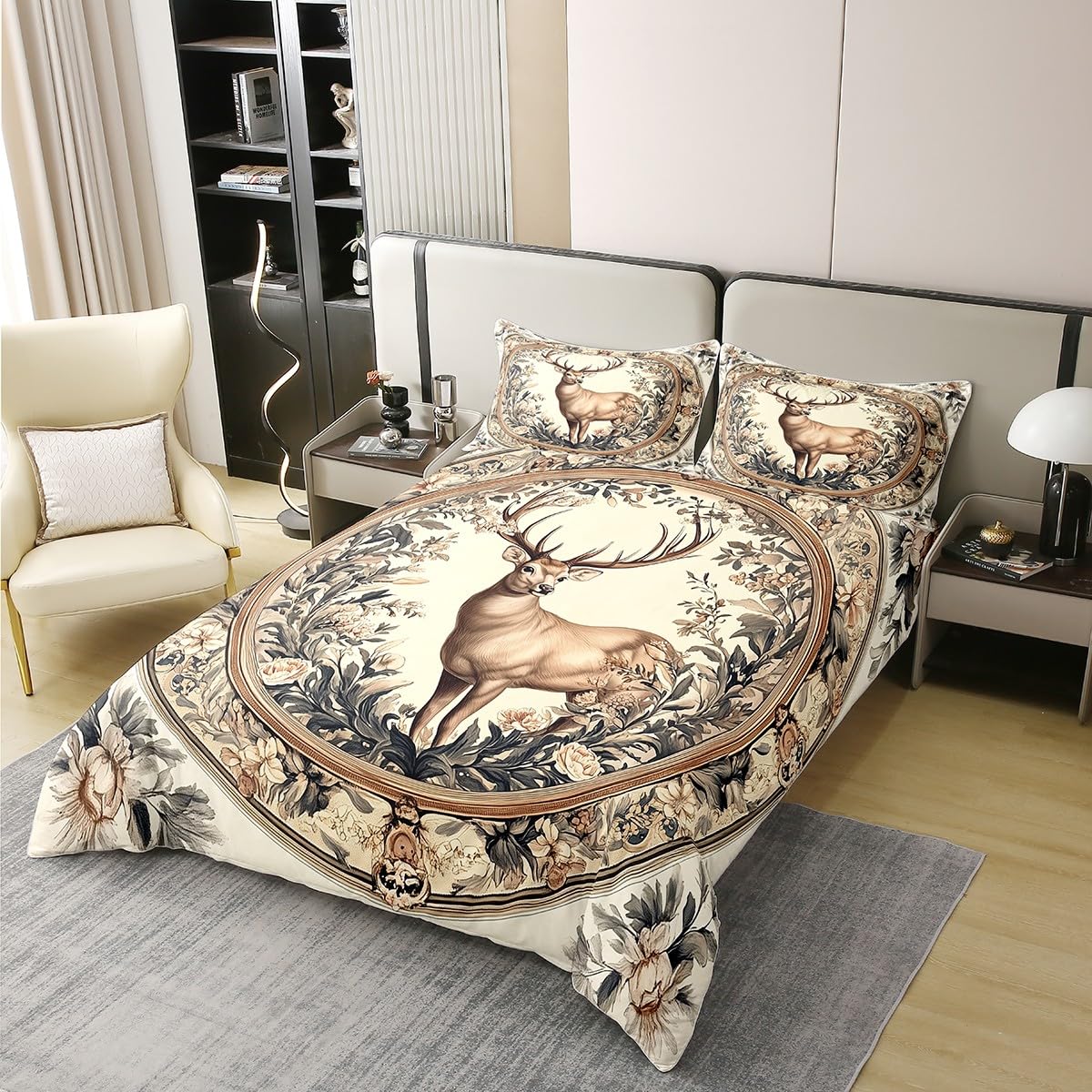 Manfei Jungle Deer Full Size Cotton Duvet Cover,Nature Wild Animal Elk Rustic Botanical Quilt Cover(No Filler),Vintage Beige Tribal Western Boho Floral Comforter Cover for Kids Adults Bedroom