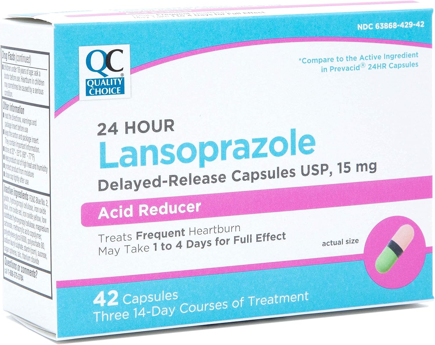 Quality Choice 24-Hour Lansoprazole Acid Reducer Delayed-Release Capsules (15mg), 42 Count