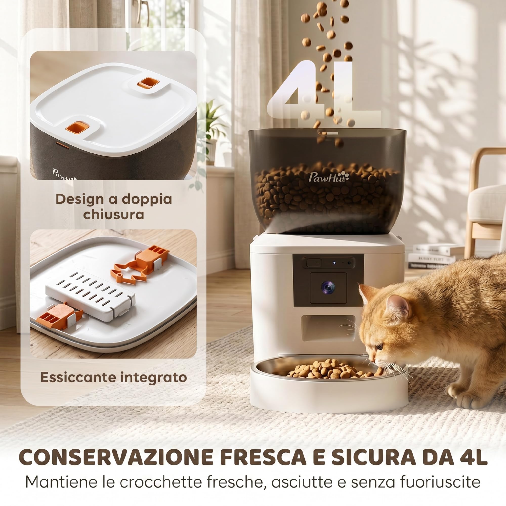 PawHut Distributore Automatico Cibo Gatti Cani 4L con Telecamera WiFi 2.4G | Dispenser Erogatore Crocchette Gatto, Controllo App, Timer, Visione Notturna, Audio Bidirezionale, 1-10 Pasti/G, Ciotola Inox