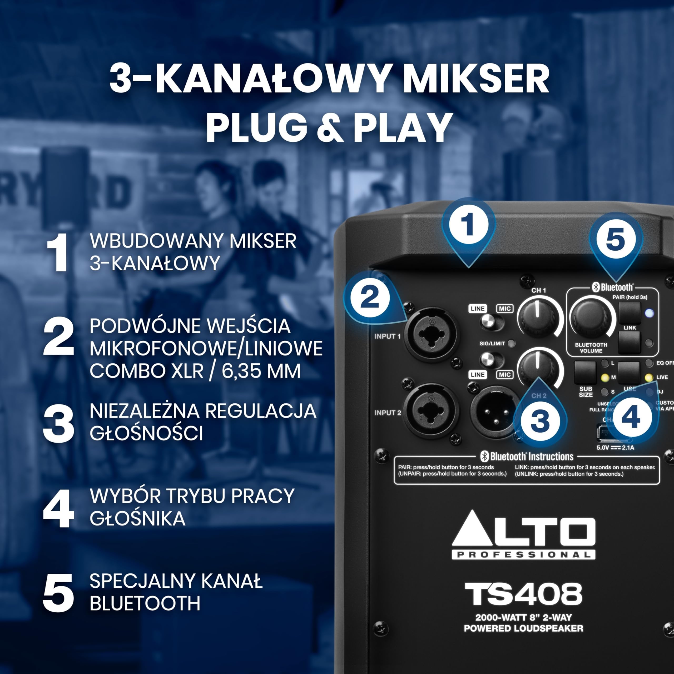 ALTO TS408 2000W 8" Aktywny Głośnik PA | 3‑Kanałowy Mikser, TWS Bluetooth, Łączenie Głośników, DSP i Sterowanie Aplikacją ALTO