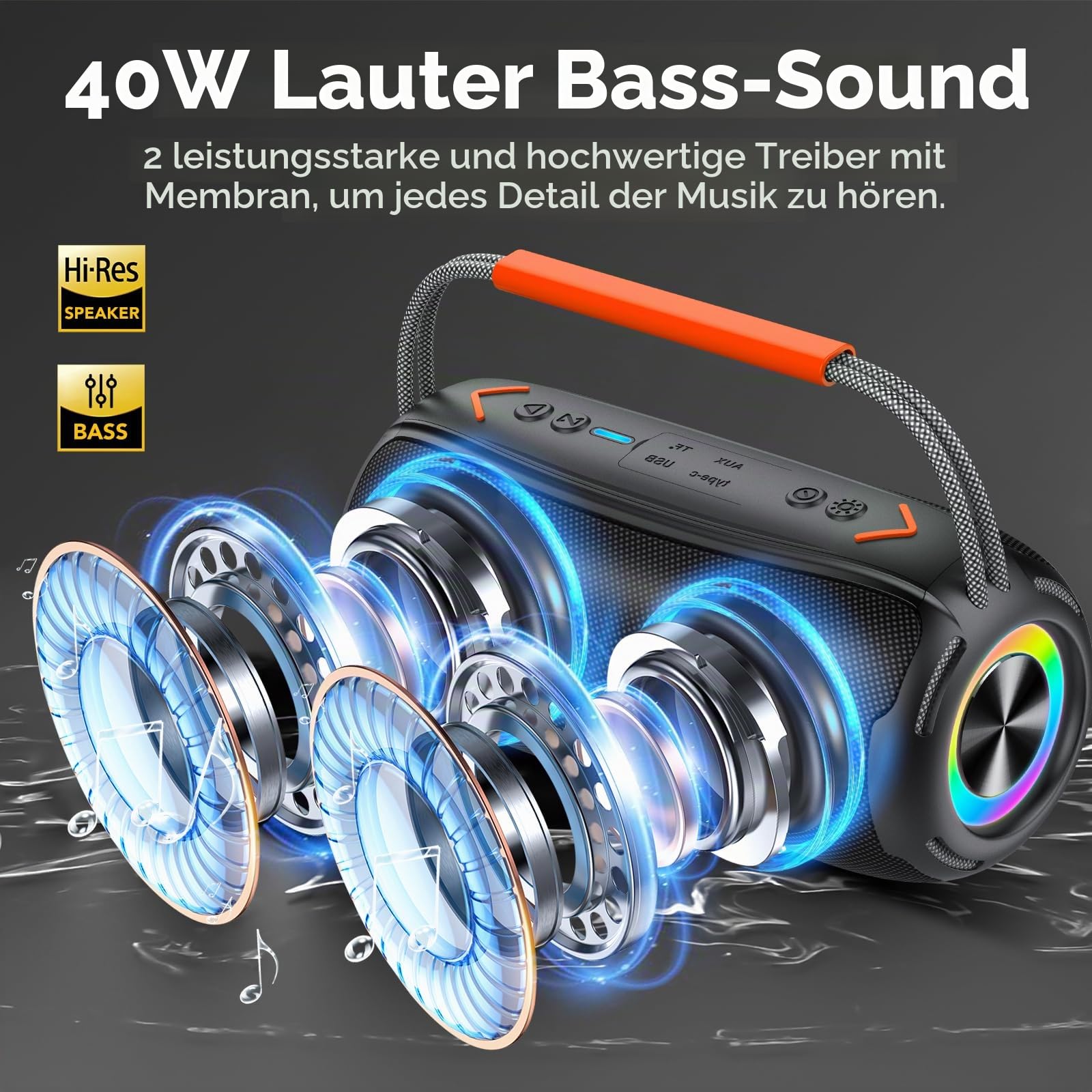 Tragbarer Bluetooth Lautsprecher mit Griff, 40W Leistungsstarker Musikbox mit Dualen Bass-Treibern, BT5.4/IPX7 Wasserdicht/30H Akku, TWS Kopplung/AUX/TF, Kabelloser Speaker für Party/Outdoor/Reisen