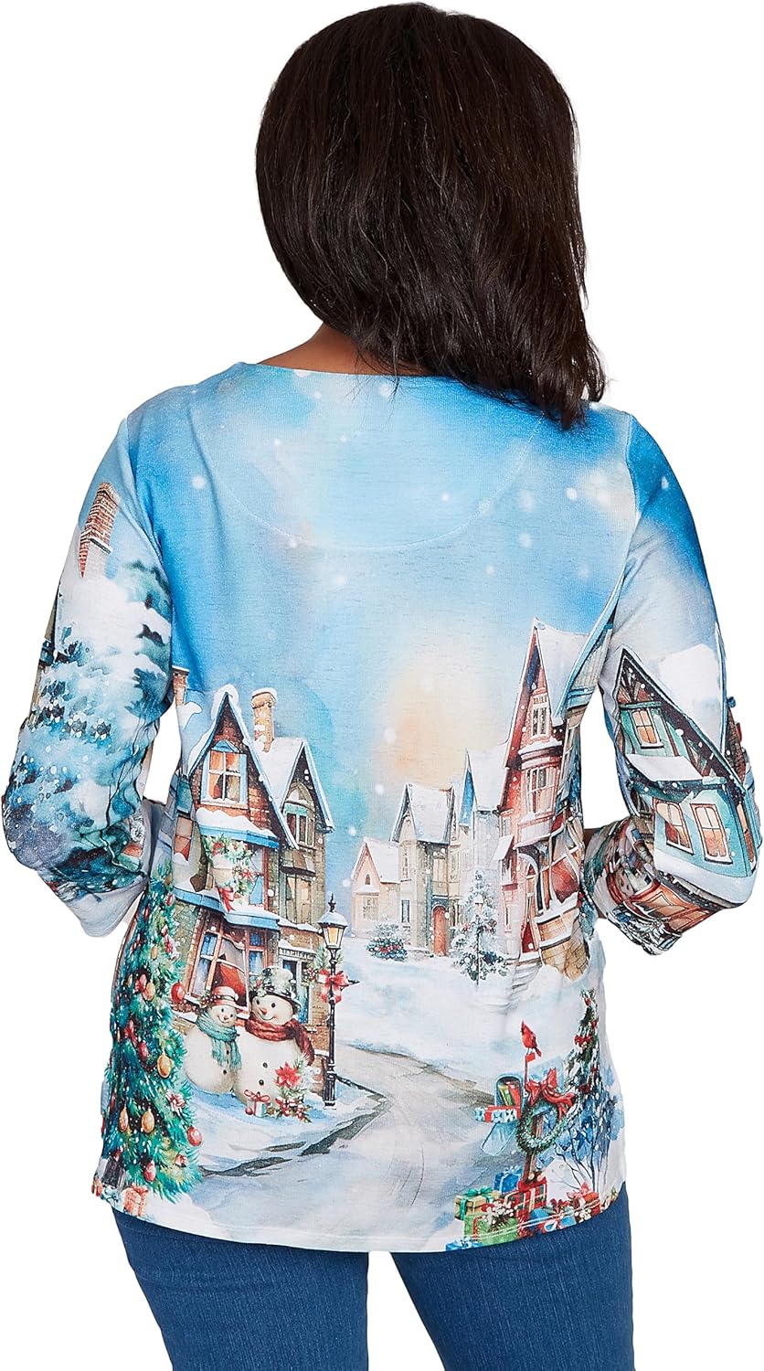 Alfred Dunner Women's Embellished Snow Cabin Village Scene Top