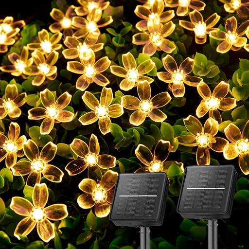 Brightown 2 Pack Total 52FT 120 LED Solar String Lights Flower Outdoor Waterproof Fairy Lights for Garden Yard Fence Patio Christmas Tree Wedding Party Decor, Warm White