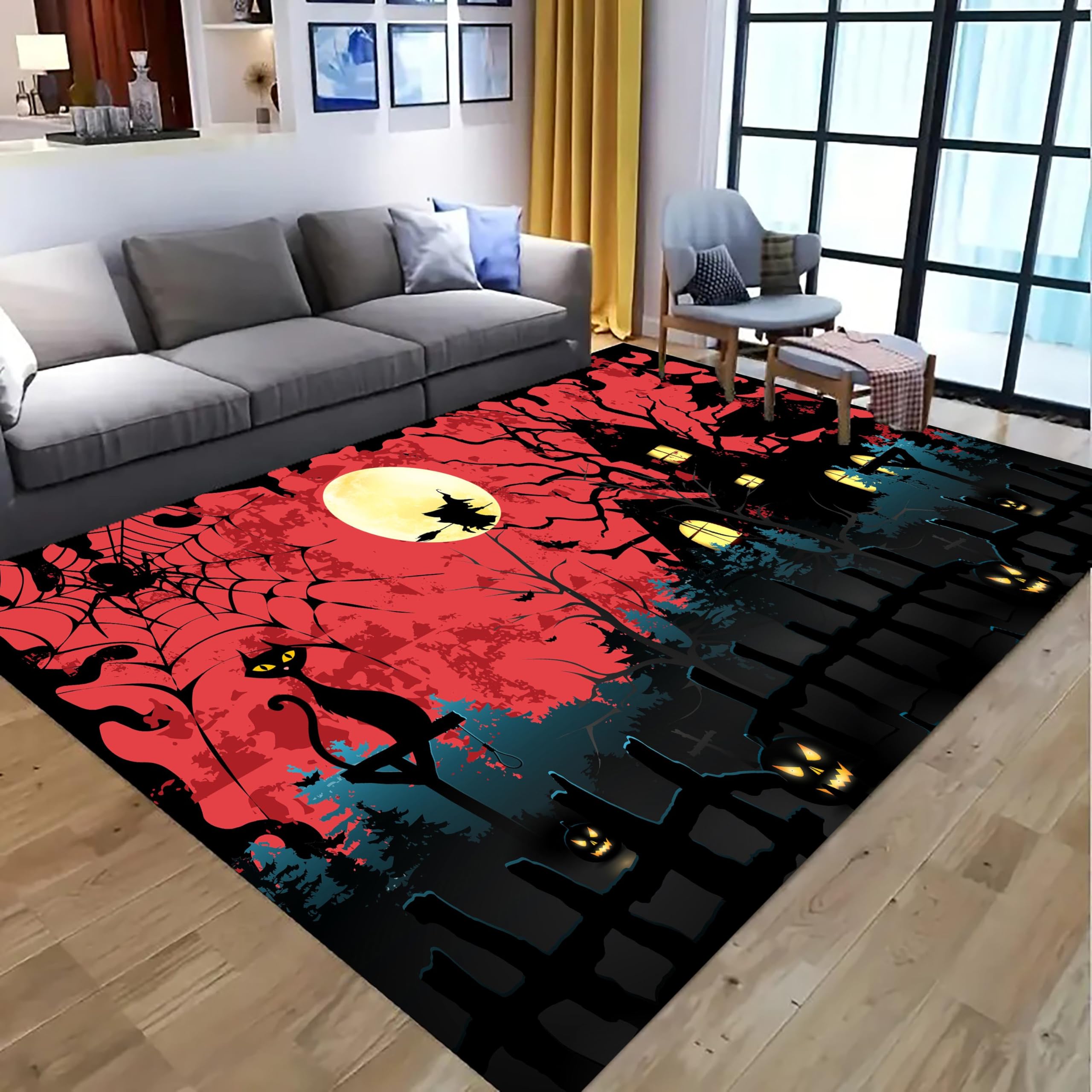 Kuluoits Gothic Haunted House Area Rug, 180x230cm, Spider Web Cat Witch Moonlit Forest Horror Halloween Rug, Modern Soft Non-Slip Machine-Washable Rugs in Black and Red for Living Room Bedroom — image 1