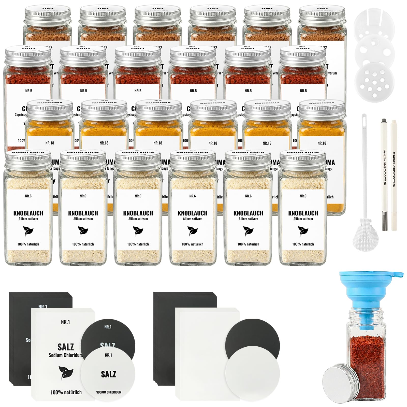 24 Pièces Pot Epices Verre Carré 120ml Bocaux à Épices avec Couvercle en Aluminium, Rangement pour Epices de Cuisine, Convient pour Le Camping (Blanc argenté)