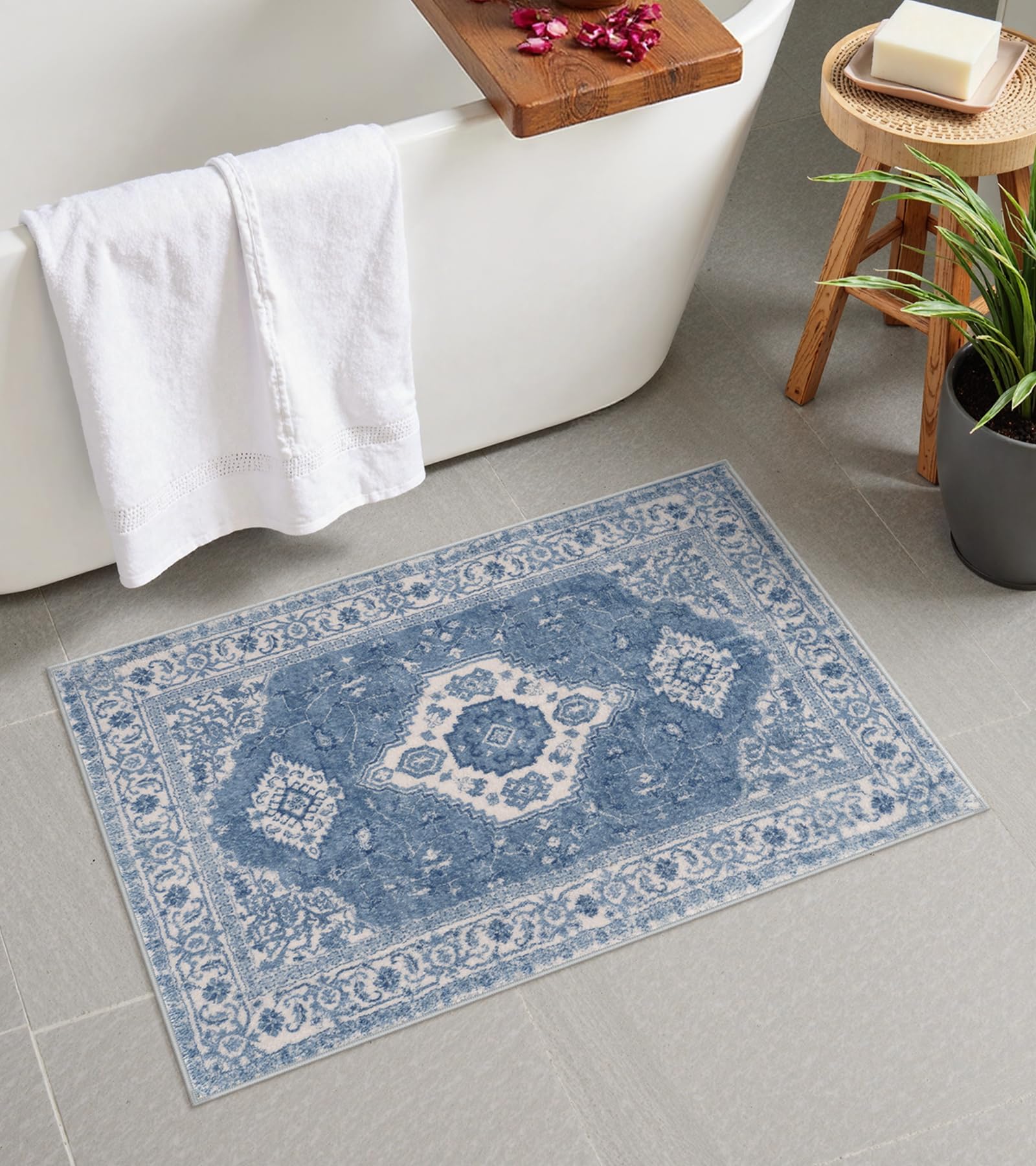 Seavish Blue Boho Bathroom Rugs, 18x26 Inch Vintage Distressed Absorbent Bath Mat, Small Non Slip Washable Bath Rug for Sink Shower Vanity, Soft and