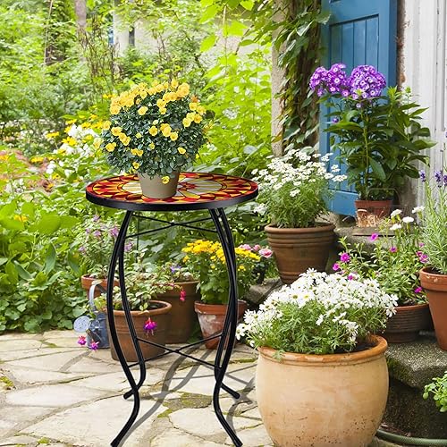 Miniatura 2 de VCUTEKA Mesa auxiliar de mosaico para exteriores, mesa auxiliar para patio, mesa auxiliar pequeña, parte superior de cristal, redonda, balcón, mesa