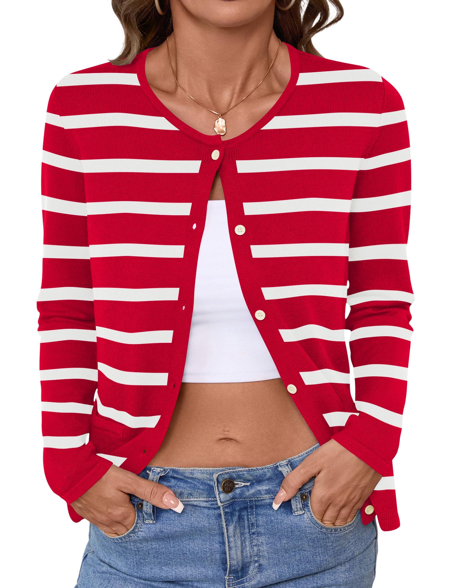 Rapbin Womens Lightweight Button Down Cardigan Sweater with Pockets Long Sleeve Crew Neck Open Front Casual Outfits