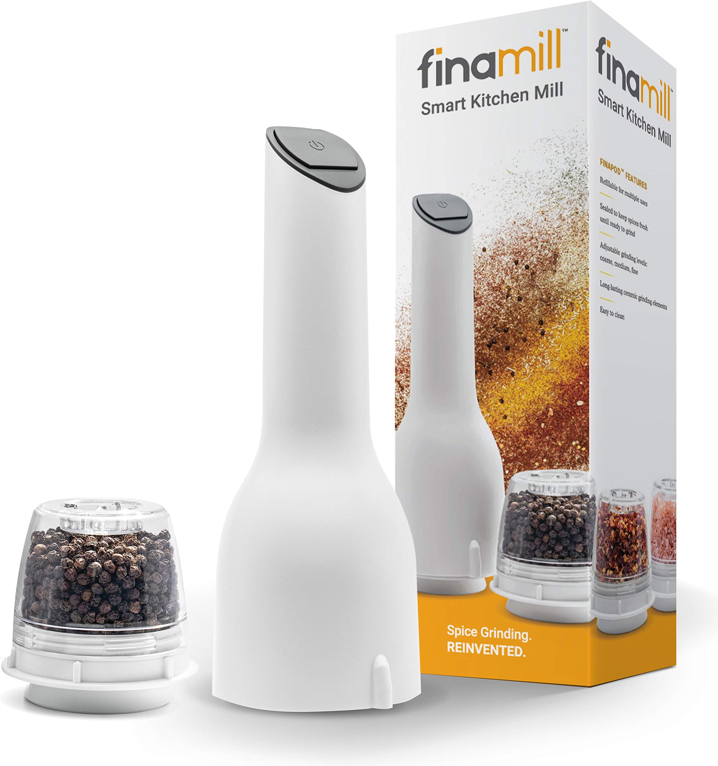 FinaMill Electric Grinder – Grind More Than Just Pepper. Store Each Dried Spice In Separate Interchangeable Pod, Swap With One Hand. Uses 3 AA Batteries, NOT Included. 1 Mill 1 Pod Included- White