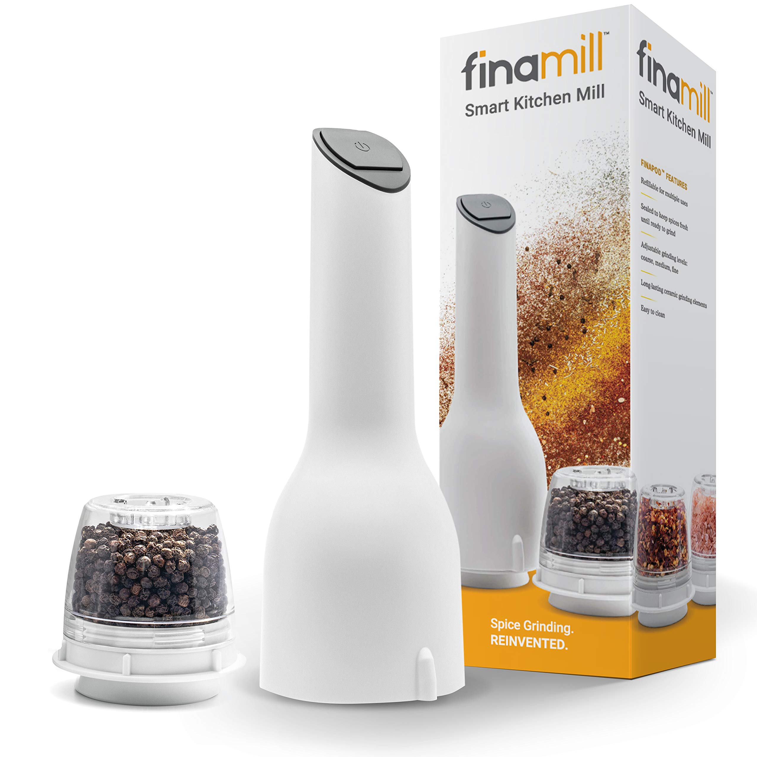 FinaMill Electric Grinder – Grind More Than Just Pepper. Store Each Dried Spice In Separate Interchangeable Pod, Swap With One Hand. Uses 3 AA Batteries, NOT Included. 1 Mill 1 Pod Included- White