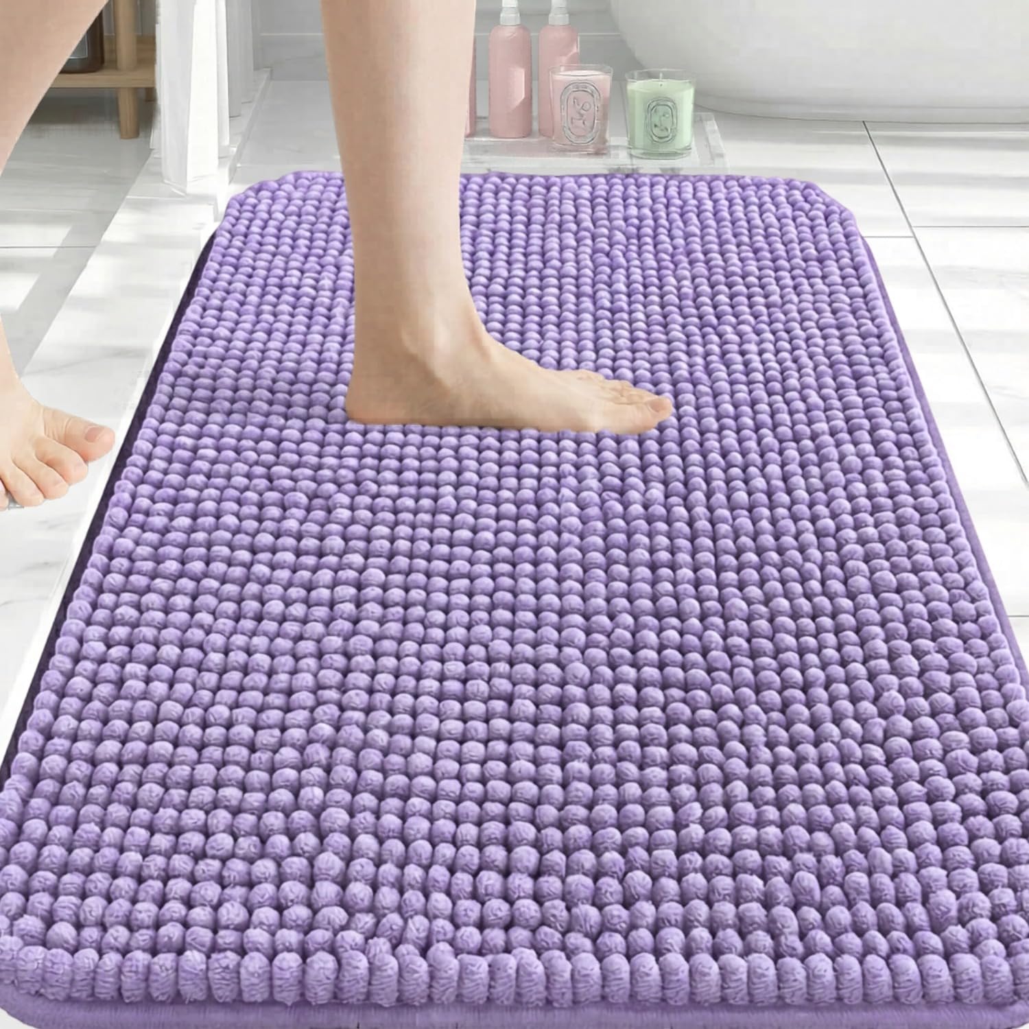 Hafaa Bath Mat Non Slip Anti Mould – Lilac Chenille Bathroom Mat 60 x 90 cm Machine Washable Bath mats Super Absorbent Extra Soft Fluffy Shower mat