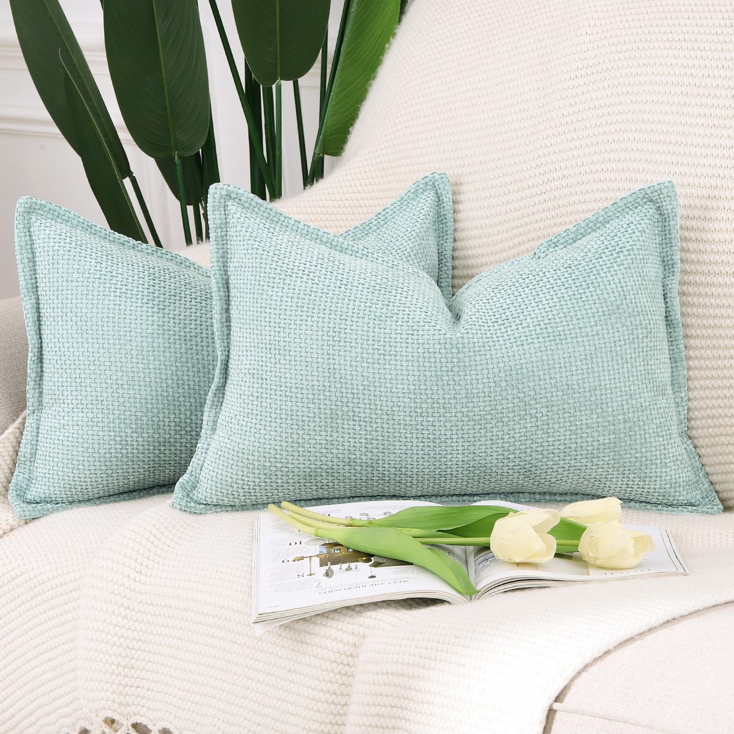 Madizz Set of 2 Chenille Velvet Cushion Covers with Flange Soft Boho Textured Throw Pillow Covers Broadside Pillowcases Modern Farmhouse Home Decor for Sofa Bedroom Aqua Green 16x24 inch, 40x60 cm