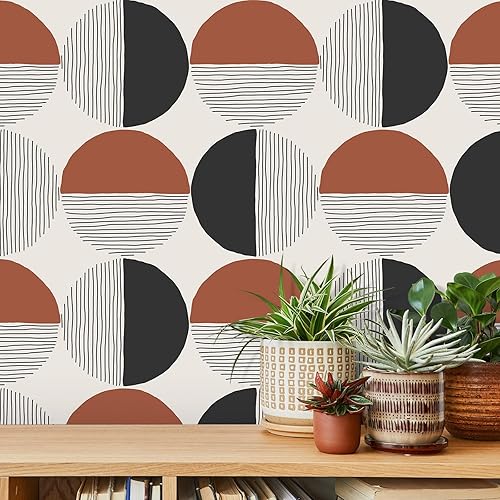 Miniatura 6 de VEELIKE Papel tapiz geométrico bohemio para despegar y pegar, papel tapiz Art Deco de mediados de siglo, 17.7 x 118 pulgadas, papel de pared