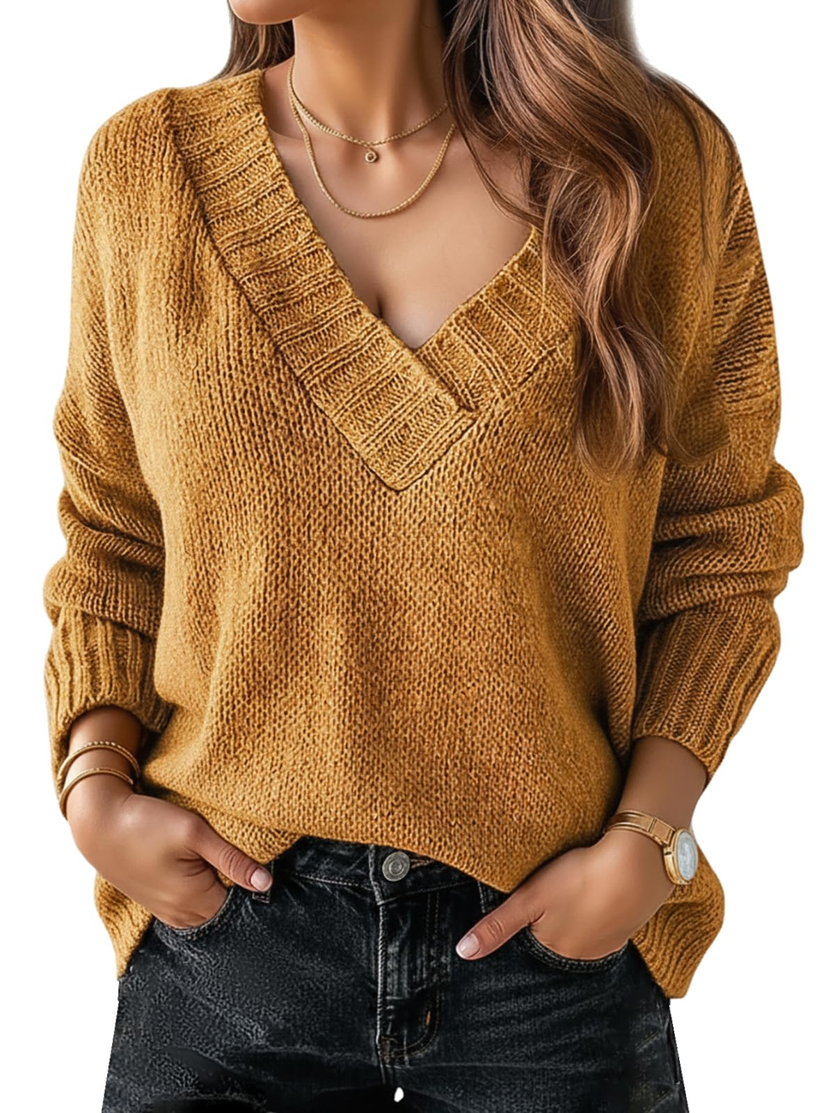 Flamingals V Neck Sweaters Dressy Casual Long Sleeve Loose Ribbed Knitted Mustard Yellow Sweater Tops Fall Winter Clothes
