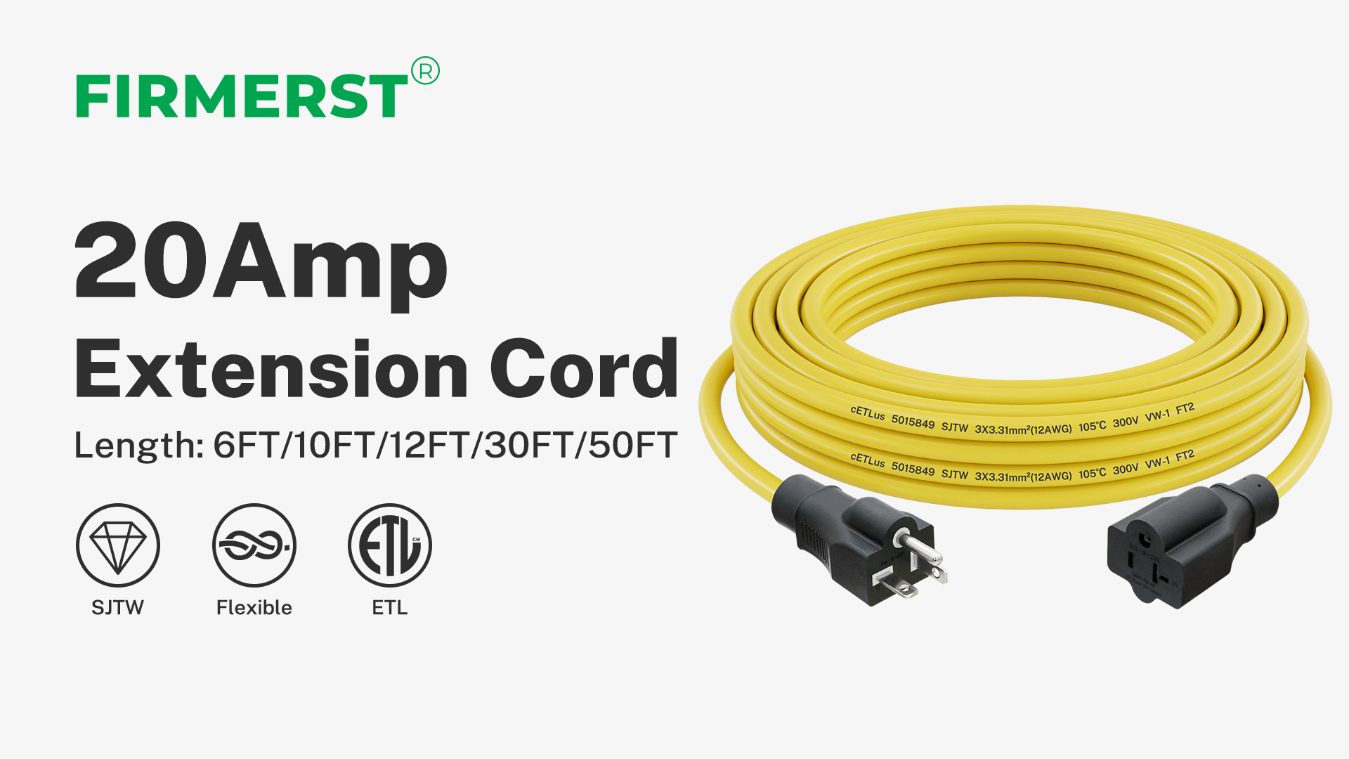 FIRMERST Nema 5-20P Outdoor Extension Cord 20 Amp 6 Feet 125V
