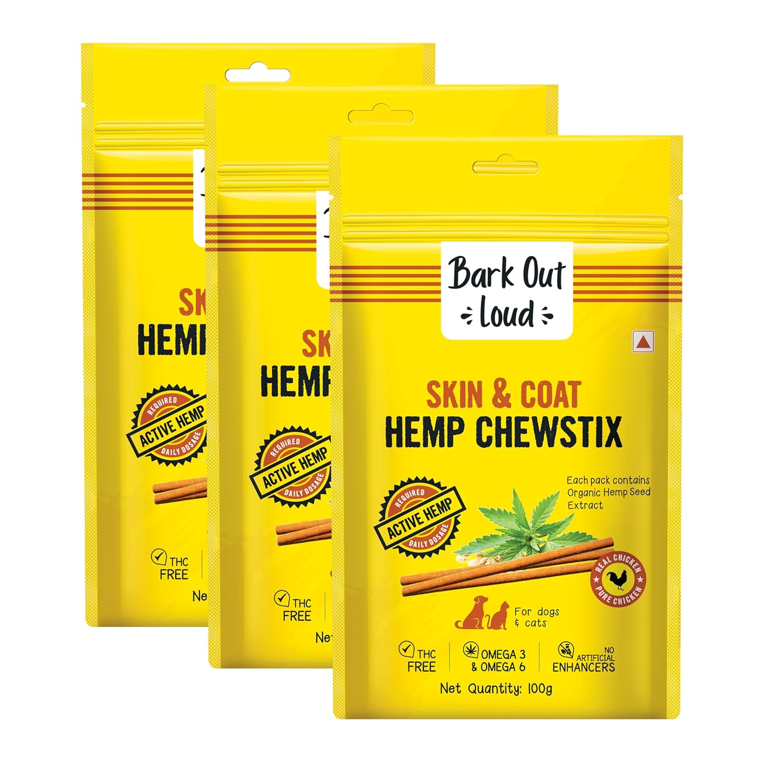 BARK OUT LOUD – Fresh Chicken Dog Treats, Hemp Chewstix with Omega 3 & Vitamin E for Healthy Skin & Coat, Suitable for Dogs & Cats of All Life Stages, 100G Each (Pack of 3),Stick