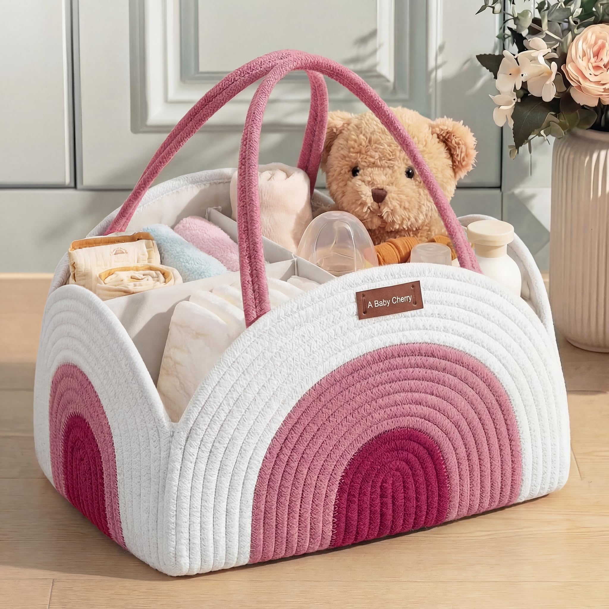 a baby cherry Cotton-Diaper Caddy | Diaper bag for Baby | Diaper Caddy Organizer Large Capacity(40 * 28 * 22Cm) |Nursery Storage Bin And Car Organizer For Diapers And Baby Wipes
